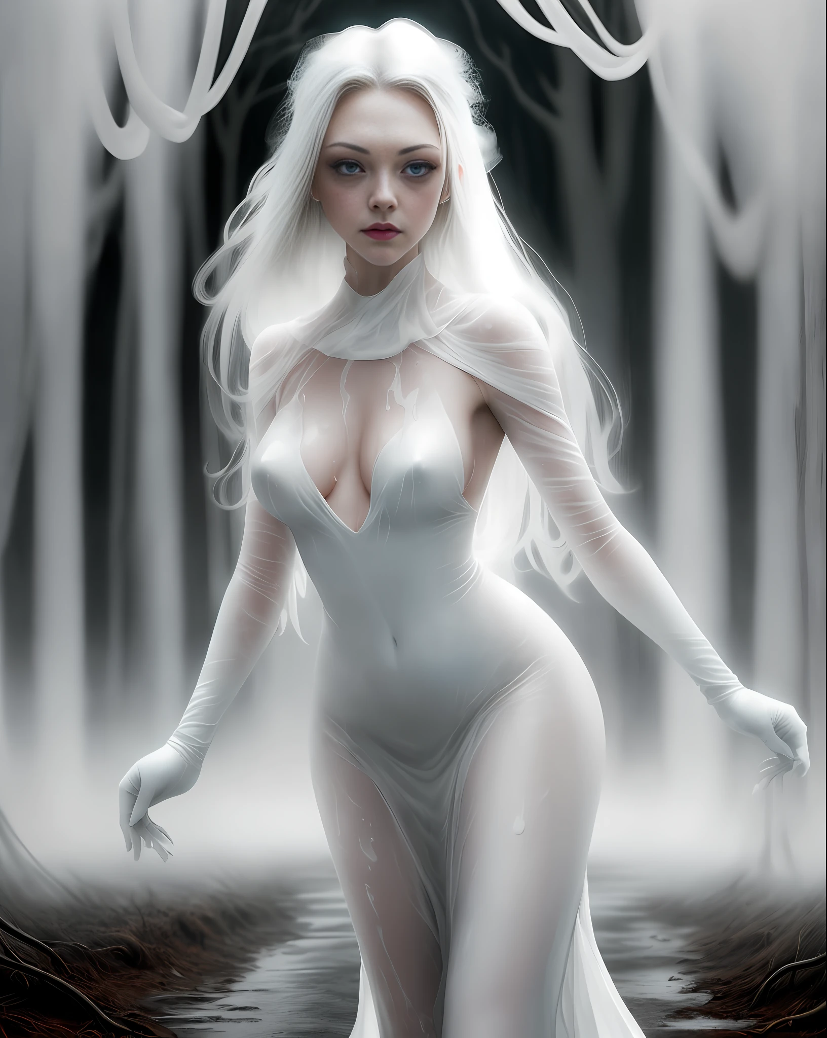 AMANDA SEYFRIED with her breasts covered by a viscous white liquid running down her body, viscous white fabric, her body and face is wet, blue eyes, white hair, black lipstick, dress of viscous white fabric running down the floor, standing on the dirt floor in a dark and gloomy forest, cloudy and rainy day, swamp, slimy white gloves, lots of fog in the background, (photo with better quality, a masterpiece, sensuality and elegance, depth of field, HD, photograph taken by Sony R7 camera with 85mm Full frame lenses, f1.2 aperture), portrait style