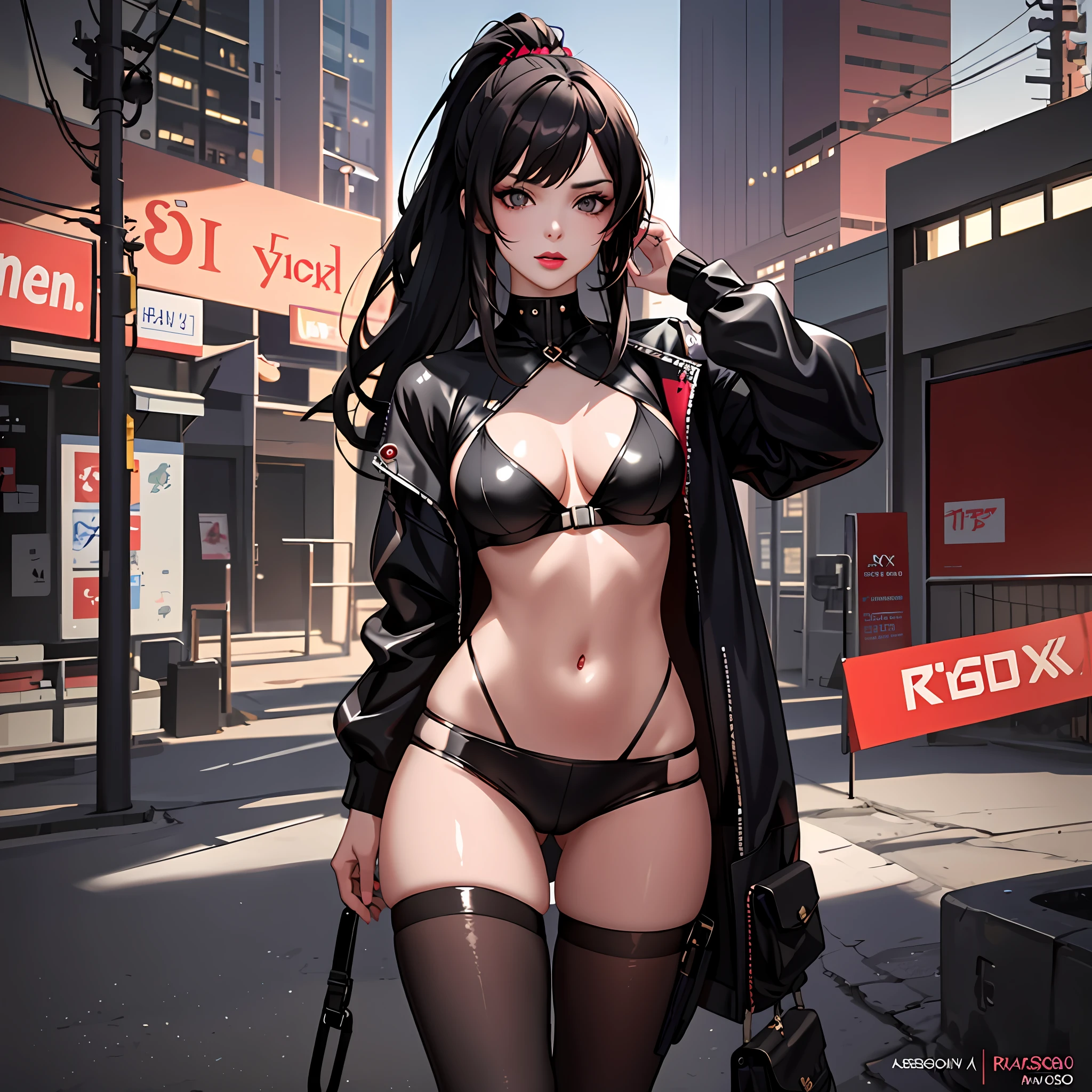 "Masterpiece, high quality, detailed, high resolution, 4k, 8k, realistic skin texture, amazing shadows, perfect lighting, hyper-realistic.", the girl from the reference image in random sensual poses, long dark hair with ponytail on top, side bangs, dark eyeline, defined face, makeup, lipstick, fair skin, small boobs, cyberpunk theme,