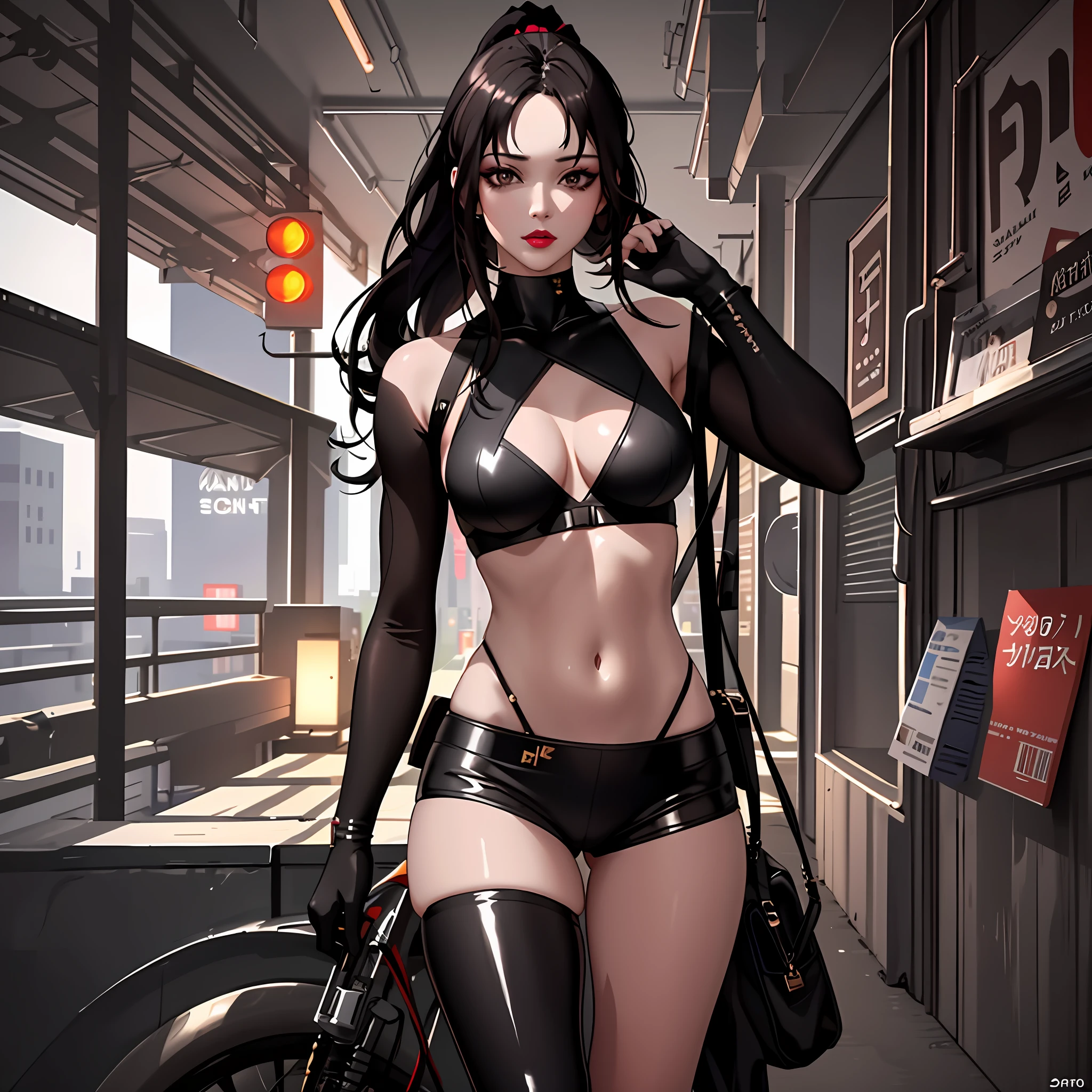 "Masterpiece, high quality, detailed, high resolution, 4k, 8k, realistic skin texture, amazing shadows, perfect lighting, hyper-realistic.", the girl from the reference image in random sensual poses, long dark hair with ponytail on top, side bangs, dark eyeline, defined face, makeup, lipstick, fair skin, small boobs, cyberpunk theme,