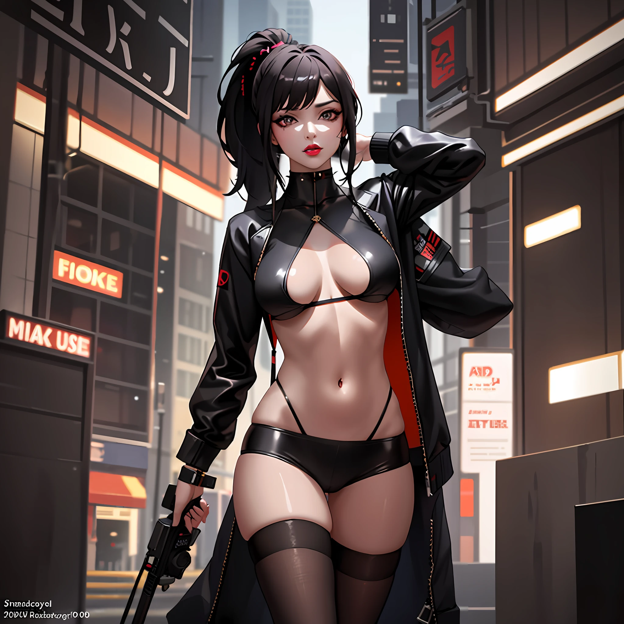 "Masterpiece, high quality, detailed, high resolution, 4k, 8k, realistic skin texture, amazing shadows, perfect lighting, hyper-realistic.", the girl from the reference image in random sensual poses, long dark hair with ponytail on top, side bangs, dark eyeline, defined face, makeup, lipstick, fair skin, small boobs, cyberpunk theme,