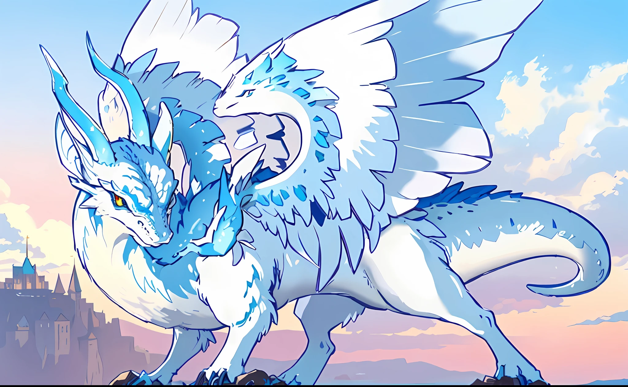 masterpiece, best quality, frost dragon on top of a cliff, overlooking a big city with castle at the side of a mountain, aerial view--v6