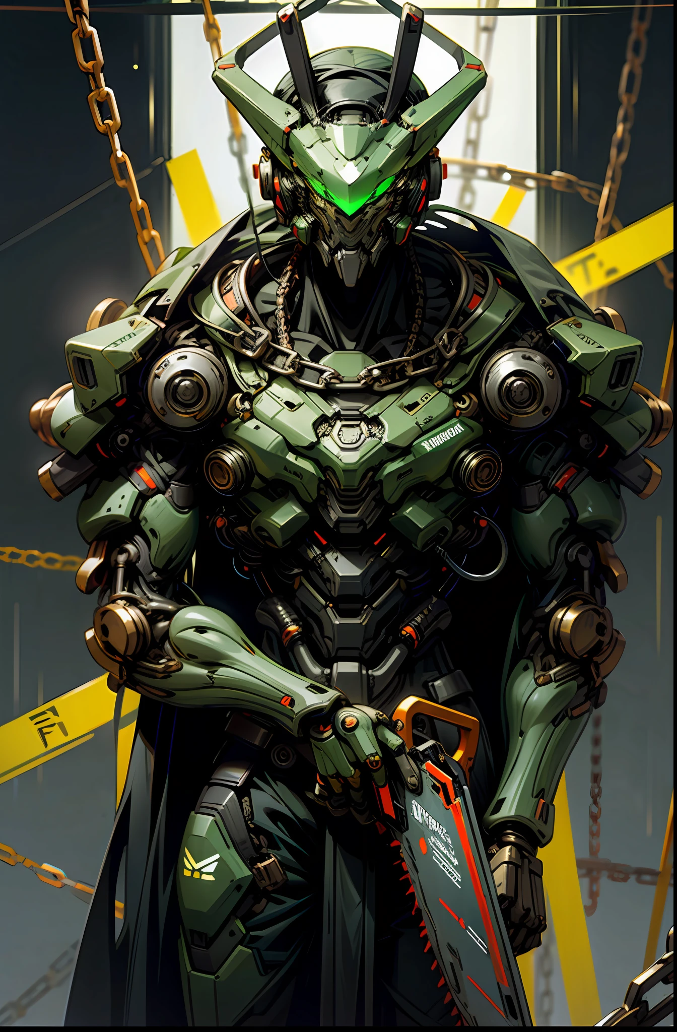 Dark_Fantasy,Cyberpunk,(chain saw,chain saw man,Red:1.1),1man,Mechanical marvel,Robotic presence,Cybernetic guardian, green color
