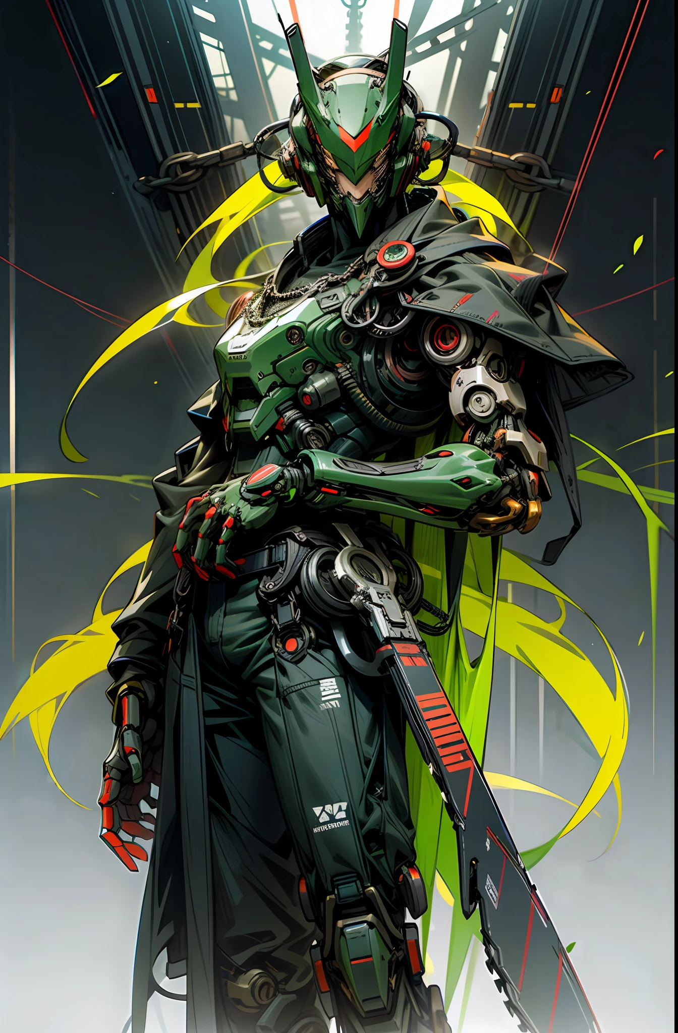 Dark_Fantasy,Cyberpunk,(chain saw,chain saw man,Red:1.1),1man,Mechanical marvel,Robotic presence,Cybernetic guardian, green color