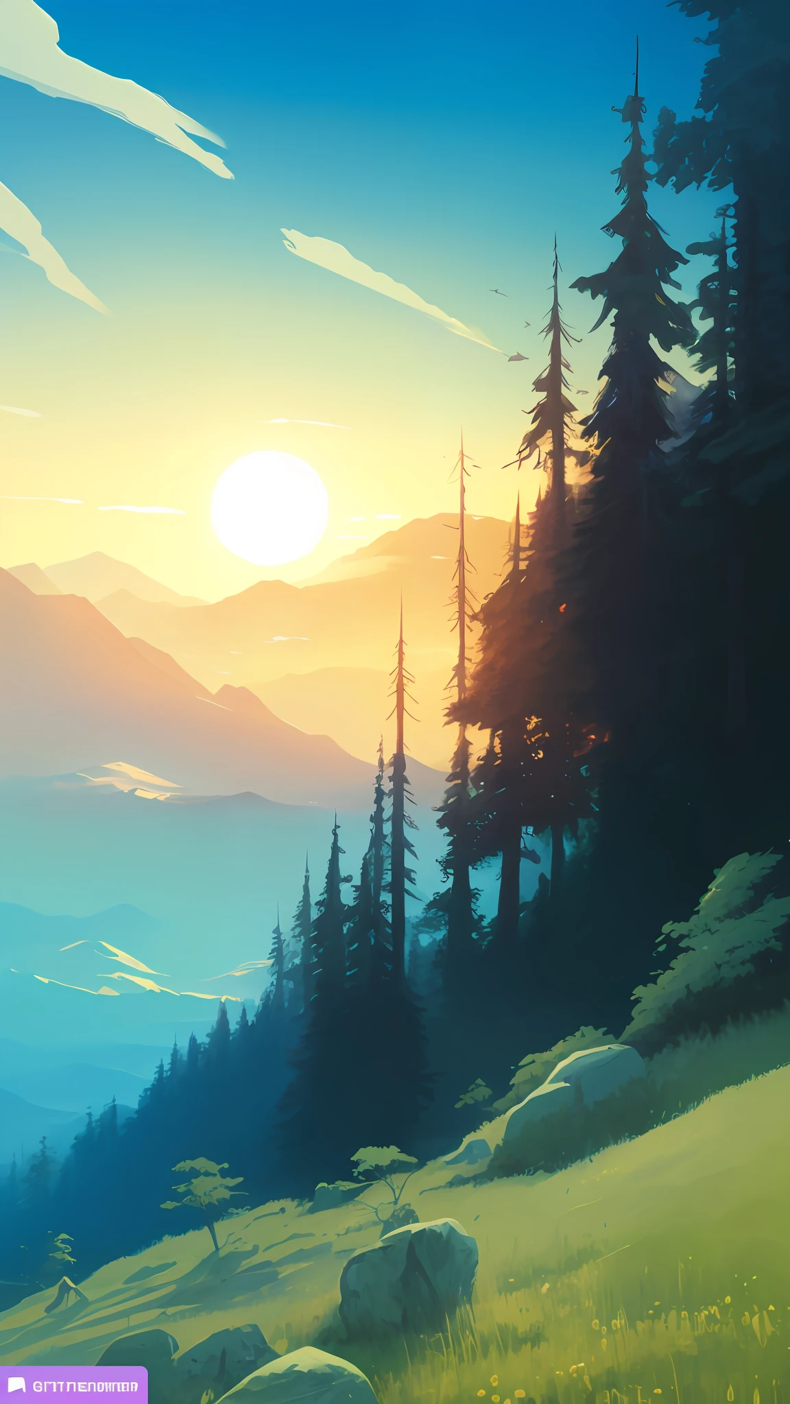 there is a painting of a mountain scene with a sunset, inspired by sylvain sarrailh, firewatch, concept art wallpaper 4k, concept art | rhads, high quality wallpaper, atey ghailan 8 k, background artwork, by sylvain sarrailh, 4 k hd illustrative wallpaper, amazing wallpaper, mountainside, jen bartel, environment art
