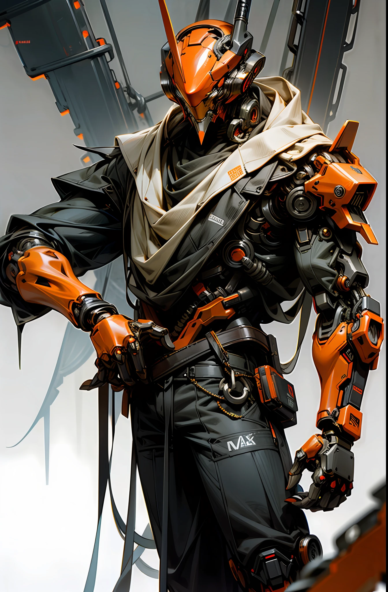 Dark_Fantasy,Cyberpunk,(chain saw,chain saw man,Red:1.1),1man,Mechanical marvel,Robotic presence,Cybernetic guardian, orange color