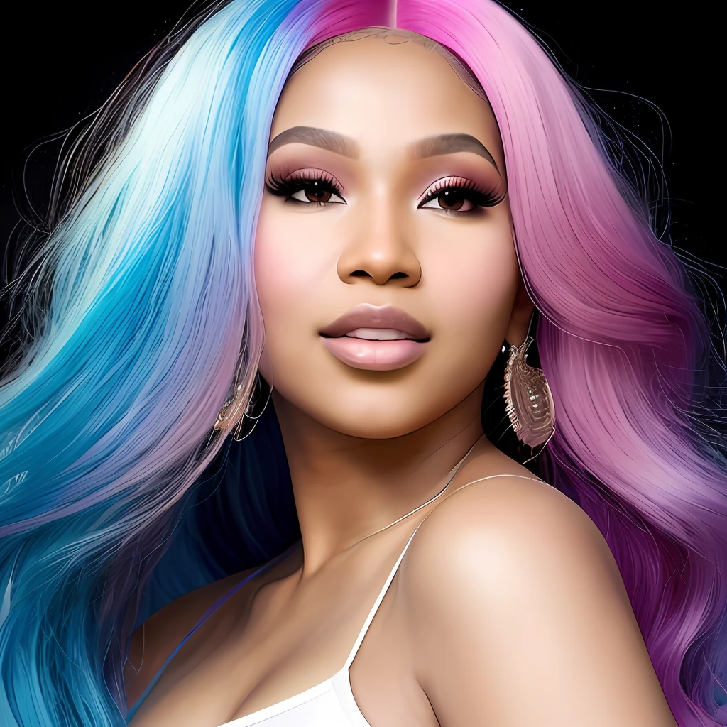 Nicki Minaj, smile, teeth, head stand third, pink hair, heavy makeup, with stage lights, background gradient, original simulation style, charming gaze, charming expression. The background should be a simple gradient, pay close attention to details such as highlights and shadows on his face and hair to create a realistic and realistic image. Try different lighting techniques to enhance the mood and atmosphere of your portrait. Highly Detailed Skin, Skin Detail, Sharp Focus, Volumetric Fog, 8K UHD, SLR, High Quality, Film Grain, Fujifilm XT3, (Best Quality: 1.4), (Masterpiece: 1.4), (Detail: 1.3), (Best Quality: 1.4), (Masterpiece: 1.4), (Detail: 1.3), (Color Gradient Background: 1.5, Close Up: 1.5), (Realism: 1.4), (Best Quality: 1.0), (Super High Resolution: 1.0)