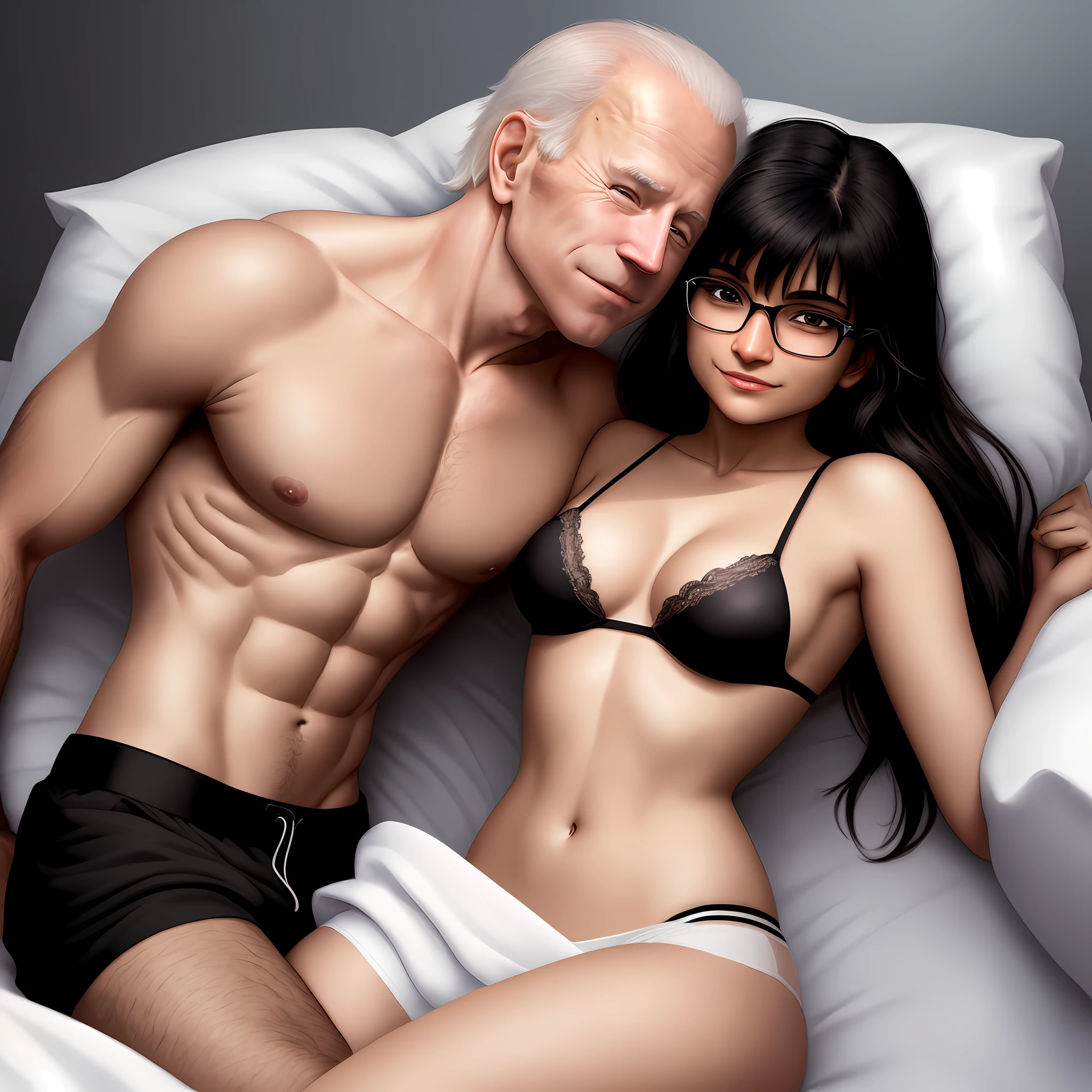 Joe laying in bed with Mia Khalifa, on back, Joe is well build, no shirt, looking at the viewer, viewer is looking down on, (covered with a white sheeth), Mia Khalifa in black bra, hugging eachother,