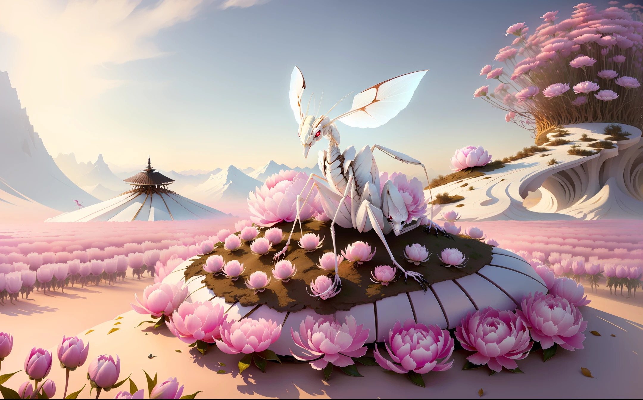 white mantis on top of a peony anthill fantasy realistic