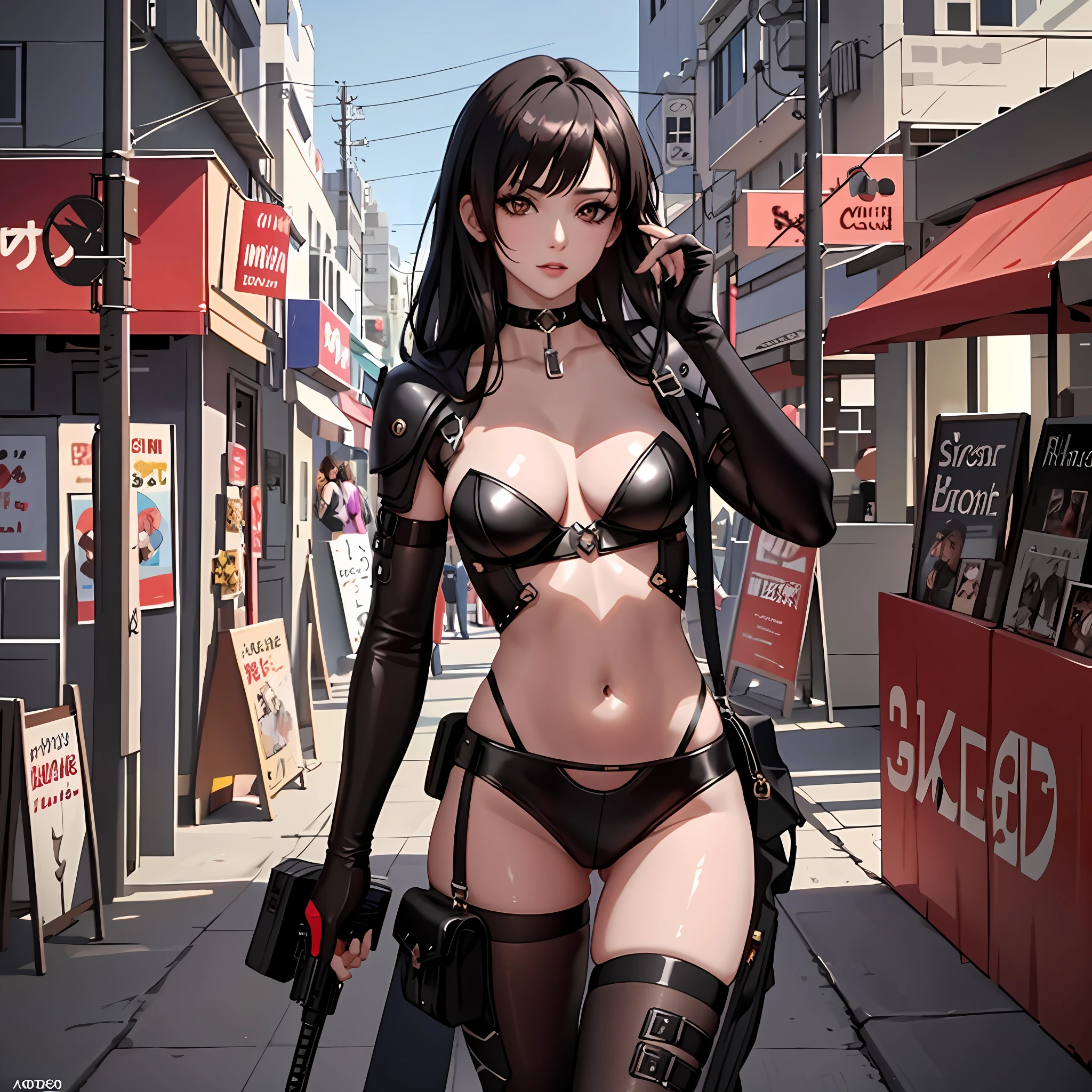 "Complete art masterpiece, high quality, ultra detailed in 4k, 8k, high resolution, hyper-realistic photo, hyper-detailed, realistic skin texture, amazing shadows, extremely detailed texture, perfect lighting, high-level image quality." The female protagonis of a cyberpunk game, tattered gang clothes, fair skin, Full body, long black hair, brown eyes, defined face, small breasts, choker, use reference picture as role model, posing for sensual pics