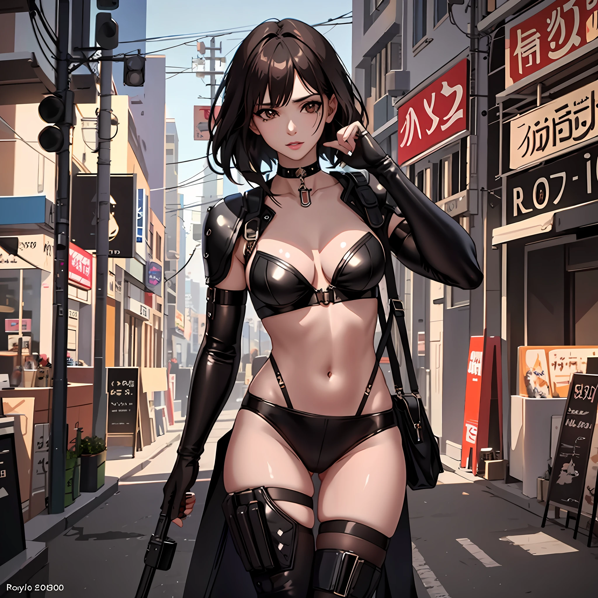 "Complete art masterpiece, high quality, ultra detailed in 4k, 8k, high resolution, hyper-realistic photo, hyper-detailed, realistic skin texture, amazing shadows, extremely detailed texture, perfect lighting, high-level image quality." The female protagonis of a cyberpunk game, tattered gang clothes, fair skin, Full body, long black hair, brown eyes, defined face, small breasts, choker, use reference picture as role model, posing for sensual pics