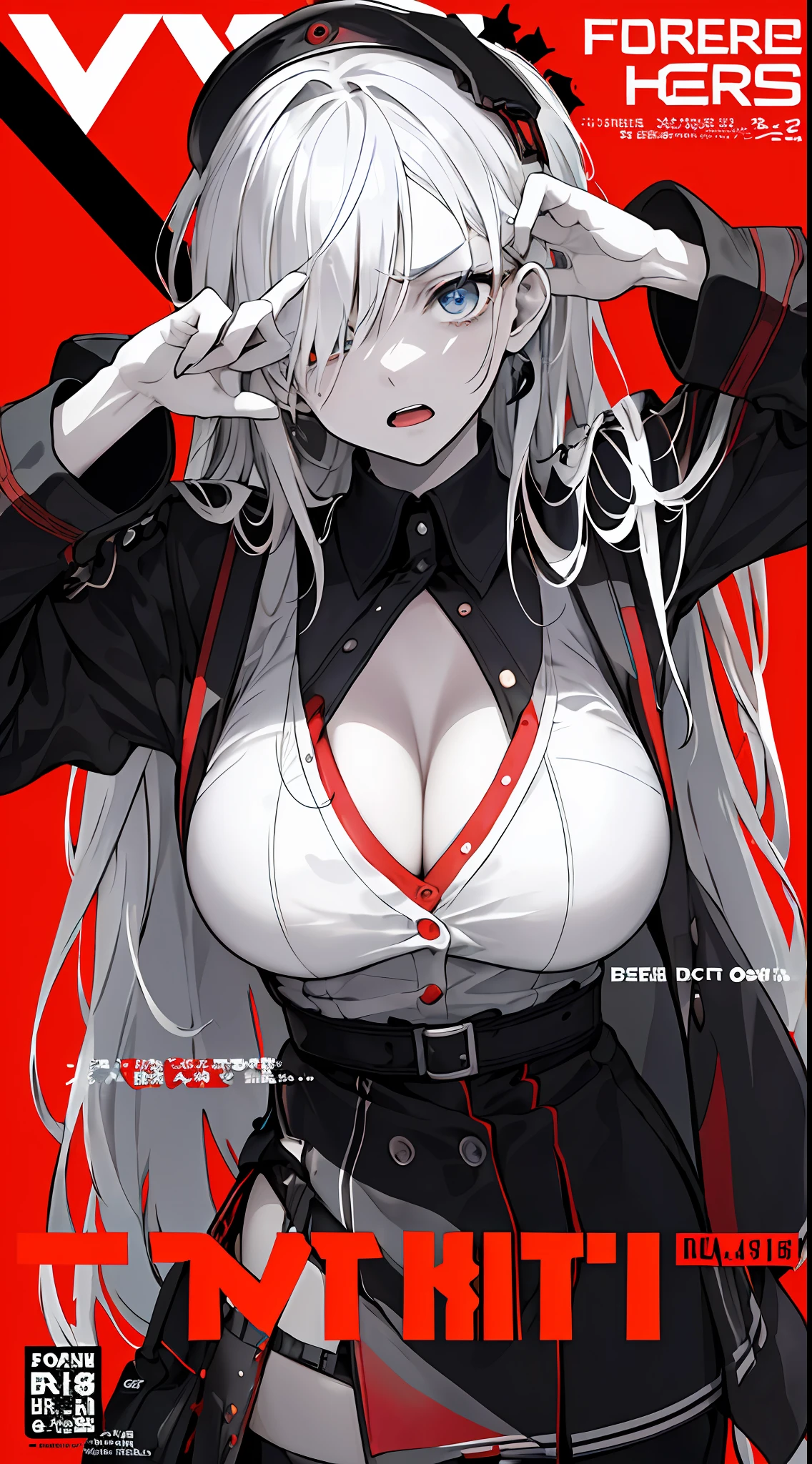 (((dramatic))), (((gritty))), (((intense)))) The movie poster features a young woman as the central character. She is shy in the center of the poster, dressed in JK uniform clothes, with big breasts and cleavage, and a determined expression on her face. The background is dark and gritty, with a feeling of drunkenness. The text is bold and eye-catching, with catchy slogans that add to the overall drama and excitement. The color palette is dominated by dark colors, dotted with bright colors, giving the poster a dynamic and visual impact, tachi-e (magazine:1.3), (cover-style:1.3), fashionable, woman, vibrant, outfit, posing, front, colorful, dynamic, background, element, confident, expressive, holding, statement, attachment, majestic, coiled, around, touch, scene, text, cover, bold, eye-catching, title, fashion, font, catchy, title, bigger, eye-catching, modern, trendy, focused, stylish,