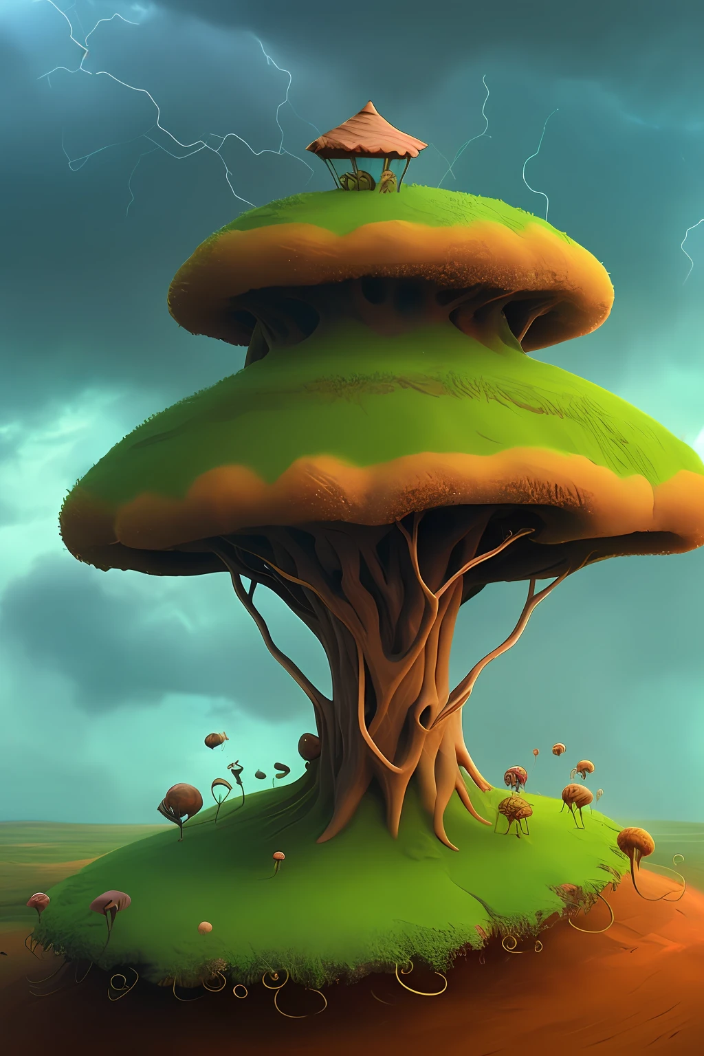 an anthill with the dimensions length = (√5 + 1)/2), width = (√5 + 1)/2), height = 1, with a theme of turbulence in a thunderstorm