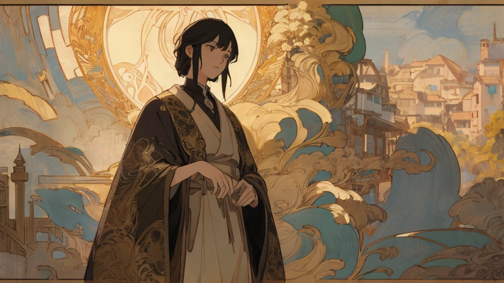 outdoor in the golden hour
Background Ghibli style village,
(fujifilm 16k) ,hyperrealistic, intricate detail, autolevel, dark, art nouveau, dramatic, desaturated, (expansive), intricate