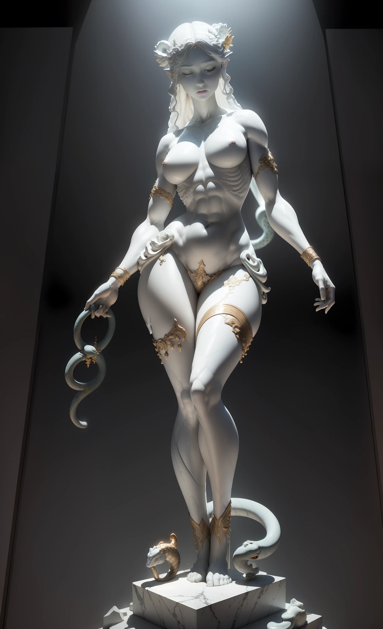 Marble statue of the goddess of bathing decorated with silver ornaments, perfect body structure, perfect body line, (stomach cracking a snake burrowing out of the body), perfect muscle curves, standing in the mist (cemetery: 1.2), closed eyes, sweet expression, surrounded by tombstones, snake tail, detailed face, masterpiece, best quality, intricate details, absurdity, high detail RAW color photo, very detailed, rough lighting, cinematic lighting, contrast, bright light, gigapixel, 8k resolution, film, octane rendering, unreal, high definition, 8k uhd, professional lighting, photon mapping, radiosity, physically based rendering, award-winning photography, backlighting, ray tracing, cinematic lighting