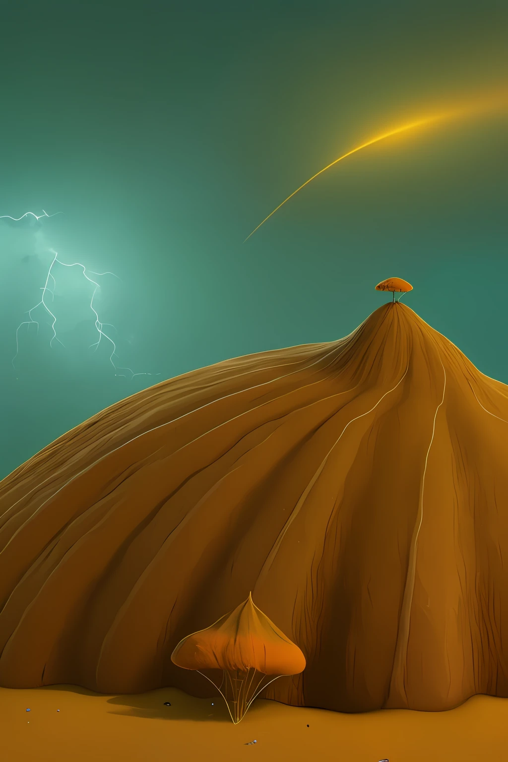 an anthill with the dimensions length = (√5 + 1)/2), width = (√5 + 1)/2), height = 1, with a theme of turbulence in a thunderstorm