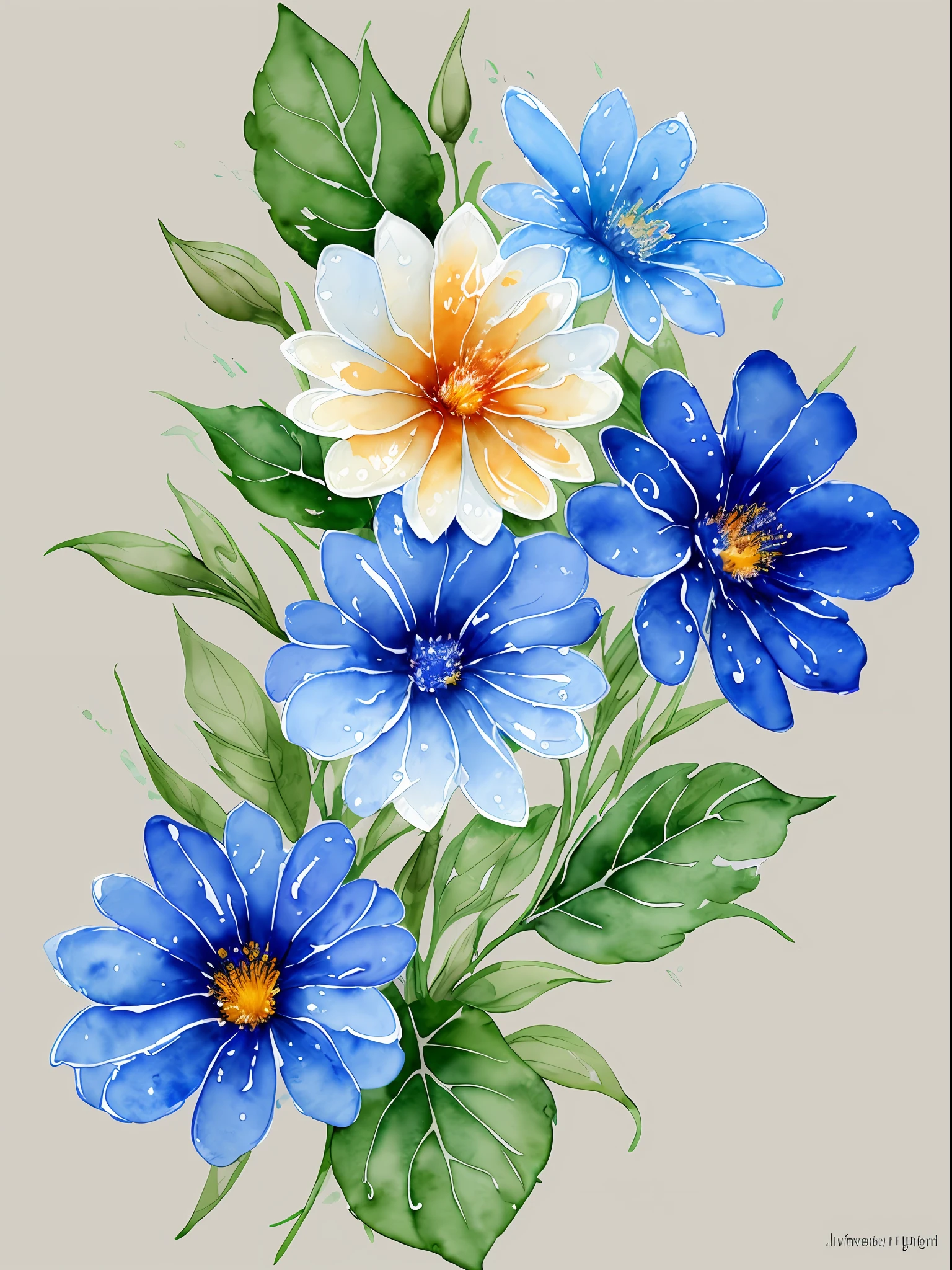 watercolor, flower, beautiful, watercolor style, flower and leaf patterns, wet on wet technique, muted, indigo, fabric design, flat illustration, highly detailed clean, vector image, masterpiece, professional, isometric, bright vector, white background, dry brush, brush strokes, painted on canvas, by J.M.W. Turner. expressive marks.