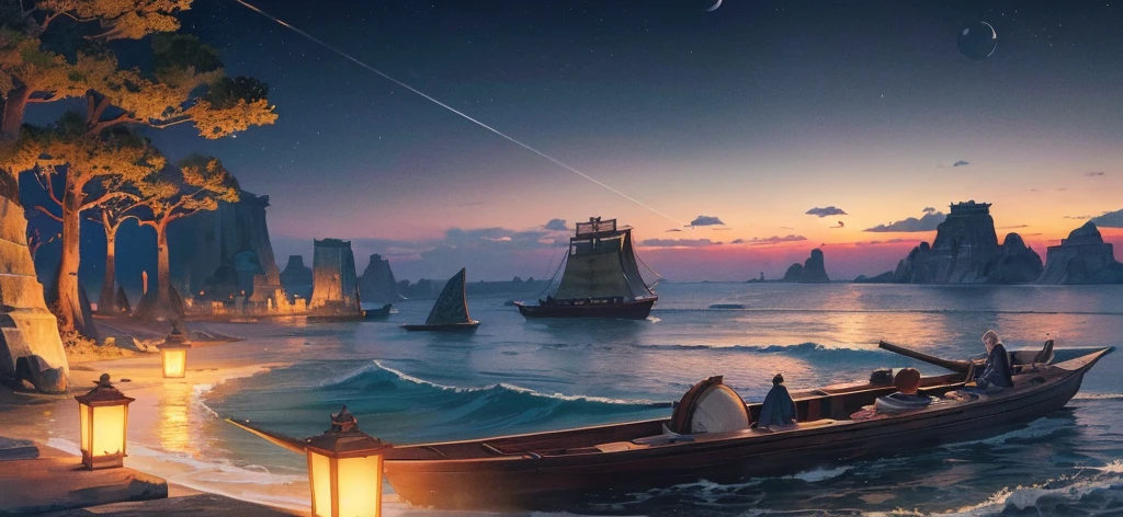 Official Art, Ancient China, Sea, Waves, Boat, (Night), (Moon), Lights, Beautiful Landscapes, Epic Landscapes, Realistic Lighting, Masterpieces, High Quality, Beautiful Graphics, High Detail, Global Illumination, Unreal Engine Rendering, Octane Rendering, (HDR:1.3)