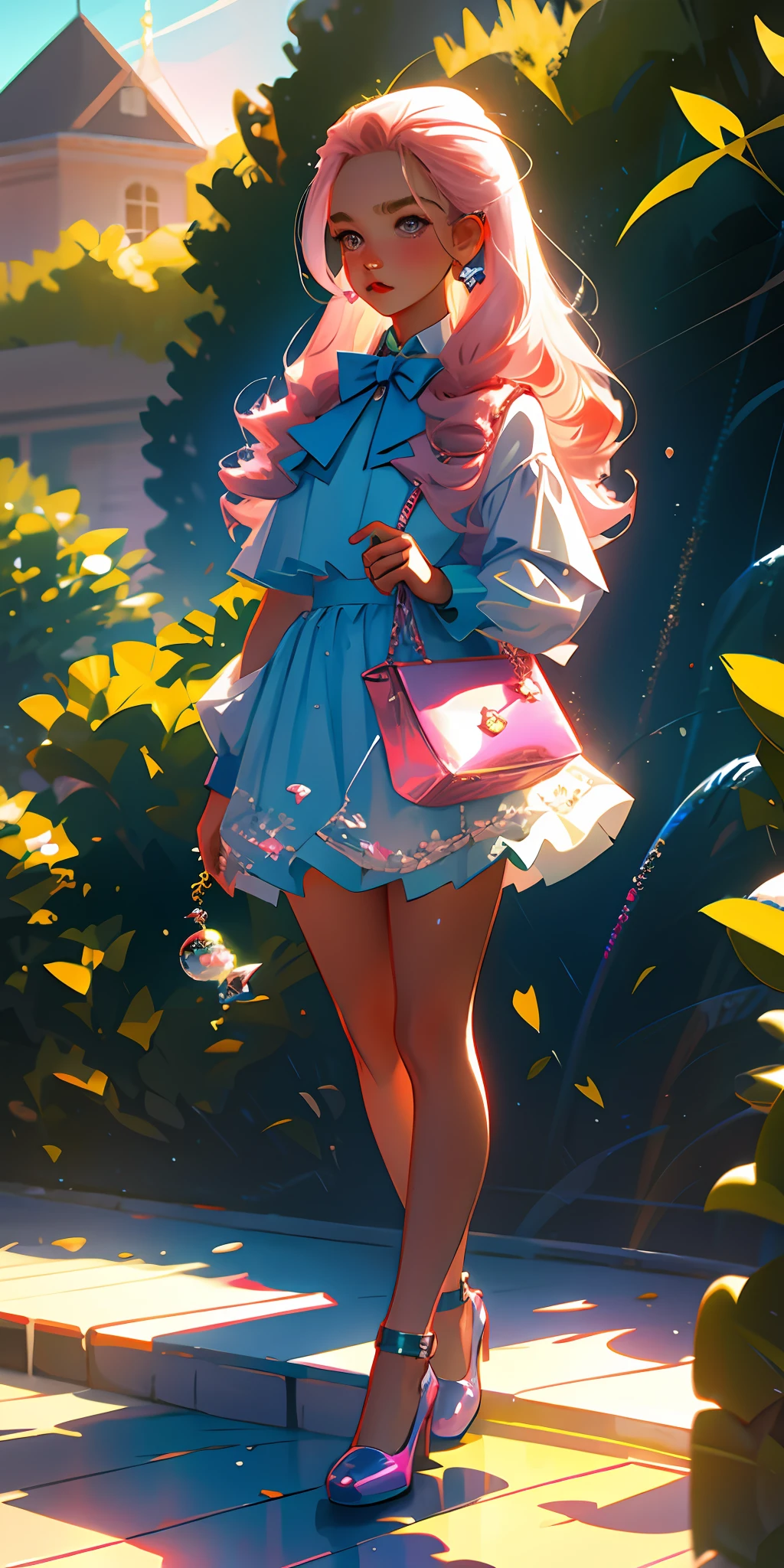 Cute little girl with big watery eyes, full body, delicate shoes, delicate hair, long curly hair,song suit, pompadour skirt, beautiful vest, lace shirt, Bubble sleeves, sequin, bow, plaid, pink hair, Headphones, Long Hair, popmart blind box, clay texture, clean background, natural light, best quality, ultra detail, 3d art, c4d, blender, oc renderer, 3d render, 8k