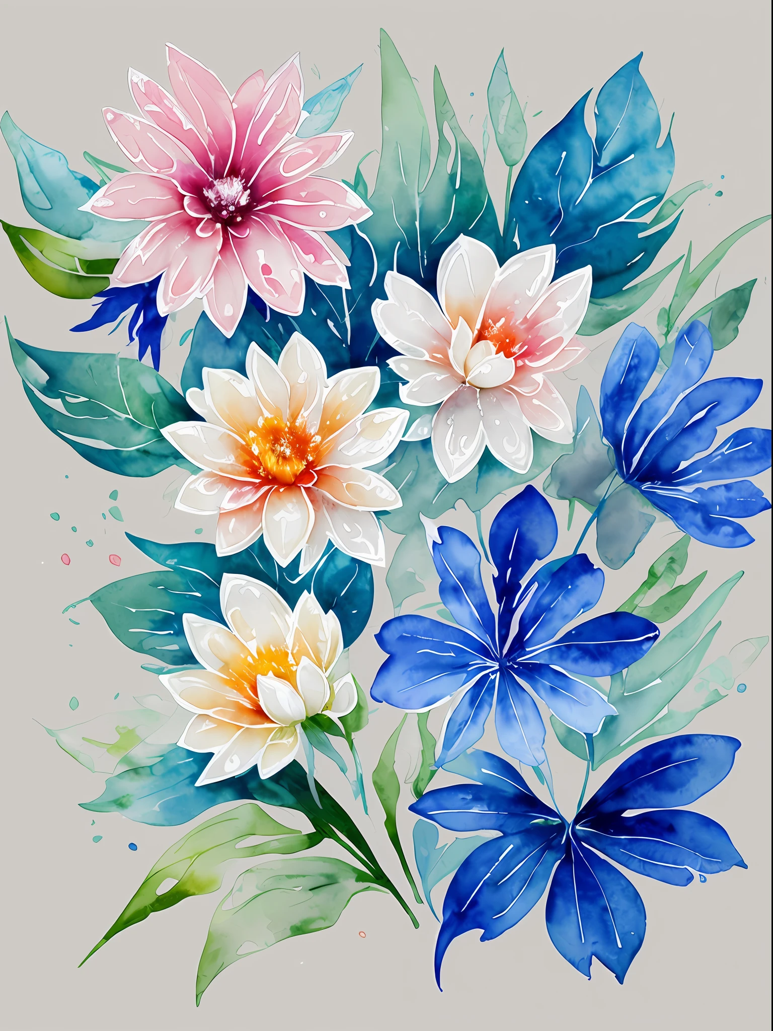 watercolor, flower, beautiful, watercolor style, flower and leaf patterns, wet on wet technique, muted, indigo, fabric design, flat illustration, highly detailed clean, vector image, masterpiece, professional, isometric, bright vector, white background, dry brush, brush strokes, painted on canvas, by J.M.W. Turner. expressive marks.