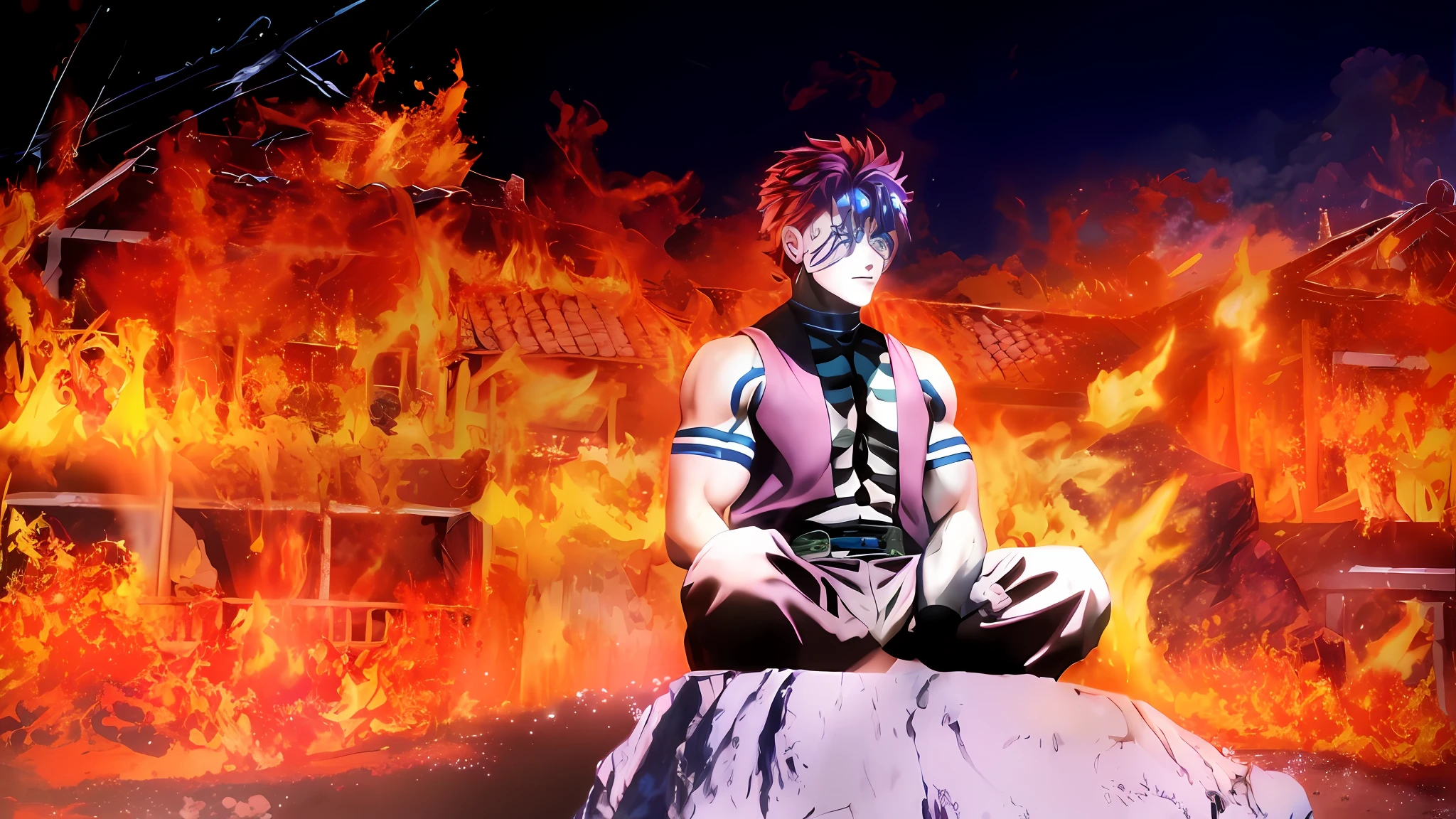 anime character sitting on a rock with fire in the background, hisoka, portrait of hisoka hunter hunter, baki style, hisoka from hunter × hunter, baki, joseph joestar, badass anime 8 k, the god of propane, in jojo\'s bizarre adventure, advanced digital anime art ”, jojo anime style, anime wallaper