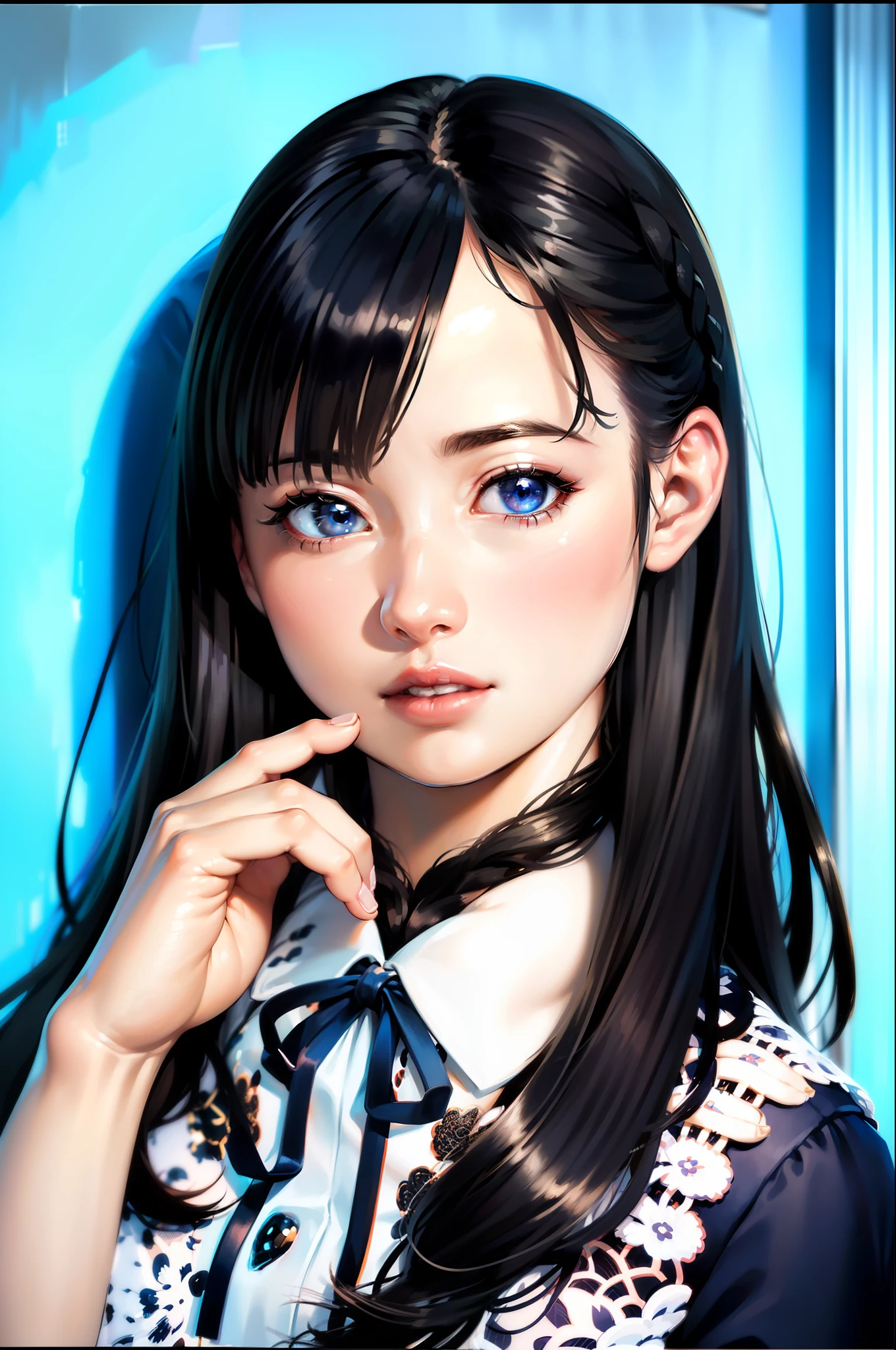 high quality fingers, normal hands, detailed fingers,masterpiece, (realistic, photo-realistic:1.37), (22 years old woman), medium breast, small waist, black hair glamour, blue eyes, beautiful face, perfect illumination, beautiful detailed eyes,looking at viewer, stunningly beautiful woman, detailed hairstyle, detailed background, bedroom, bed, sexy one piece bedwear with laces