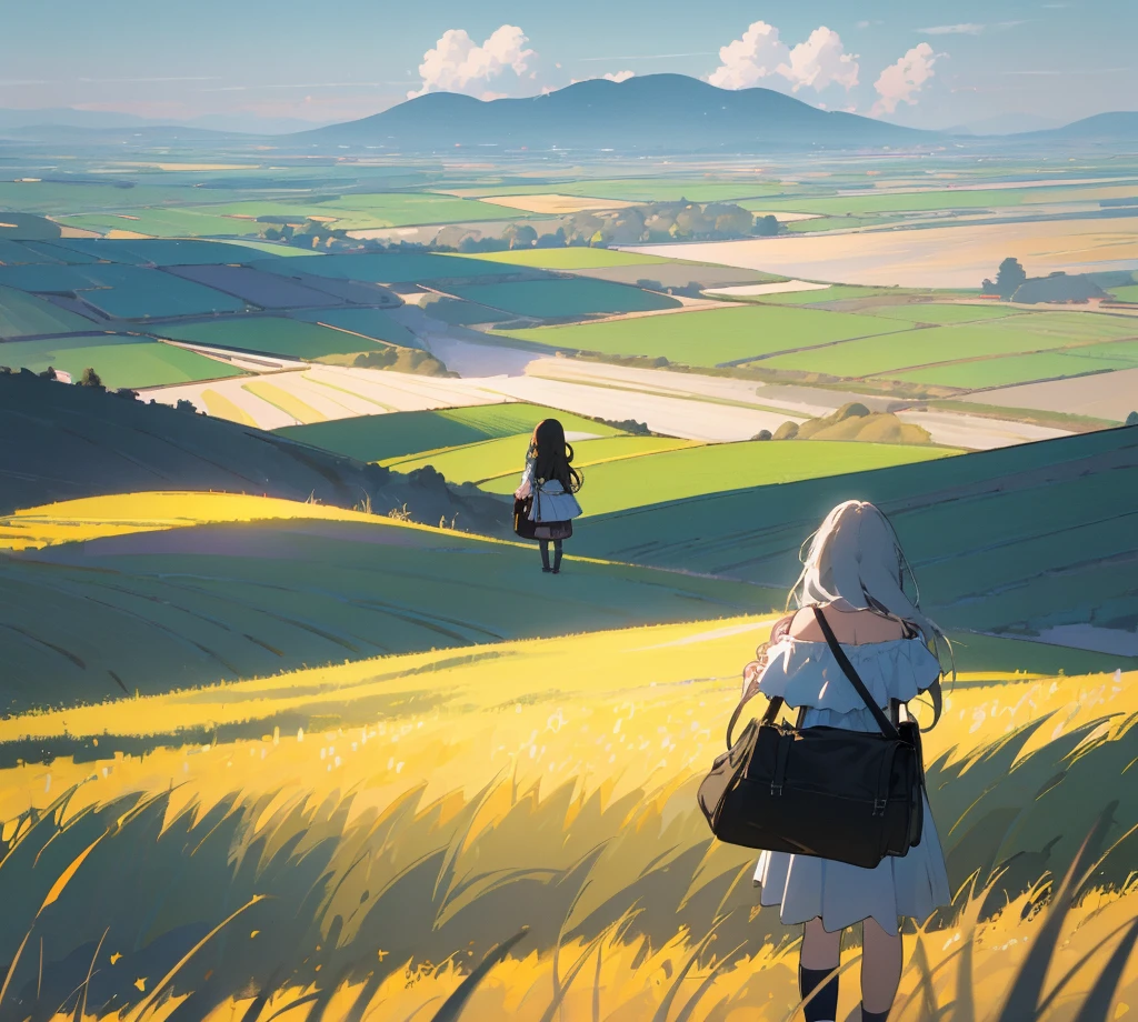Masterpiece, high resolution, extremely detailed CG unity 8k wallpaper, best quality, super detailed, (best shadow), ((2girls)), landscape, flowers, off-the-shoulder dress, long hair, adjusted hair, floating hair, meadow, sunlight, daytime, cloudy, standing, castle, ((from behind)), vanishing point, field, countryside, rice field, view view, panorama, overlook, socks, (high contrast: 0.8), (((far)), blurred foreground, shoulder bag,