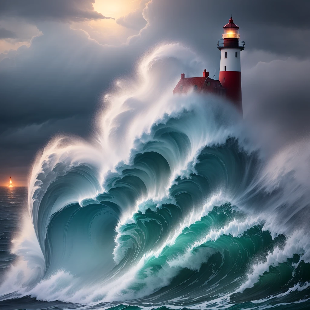 Realistic lighthouse with huge waves hitting lighthouse in storm