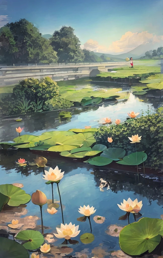 Pastoral life, river, lotus leaves, little girl with a small dog, standing by the river