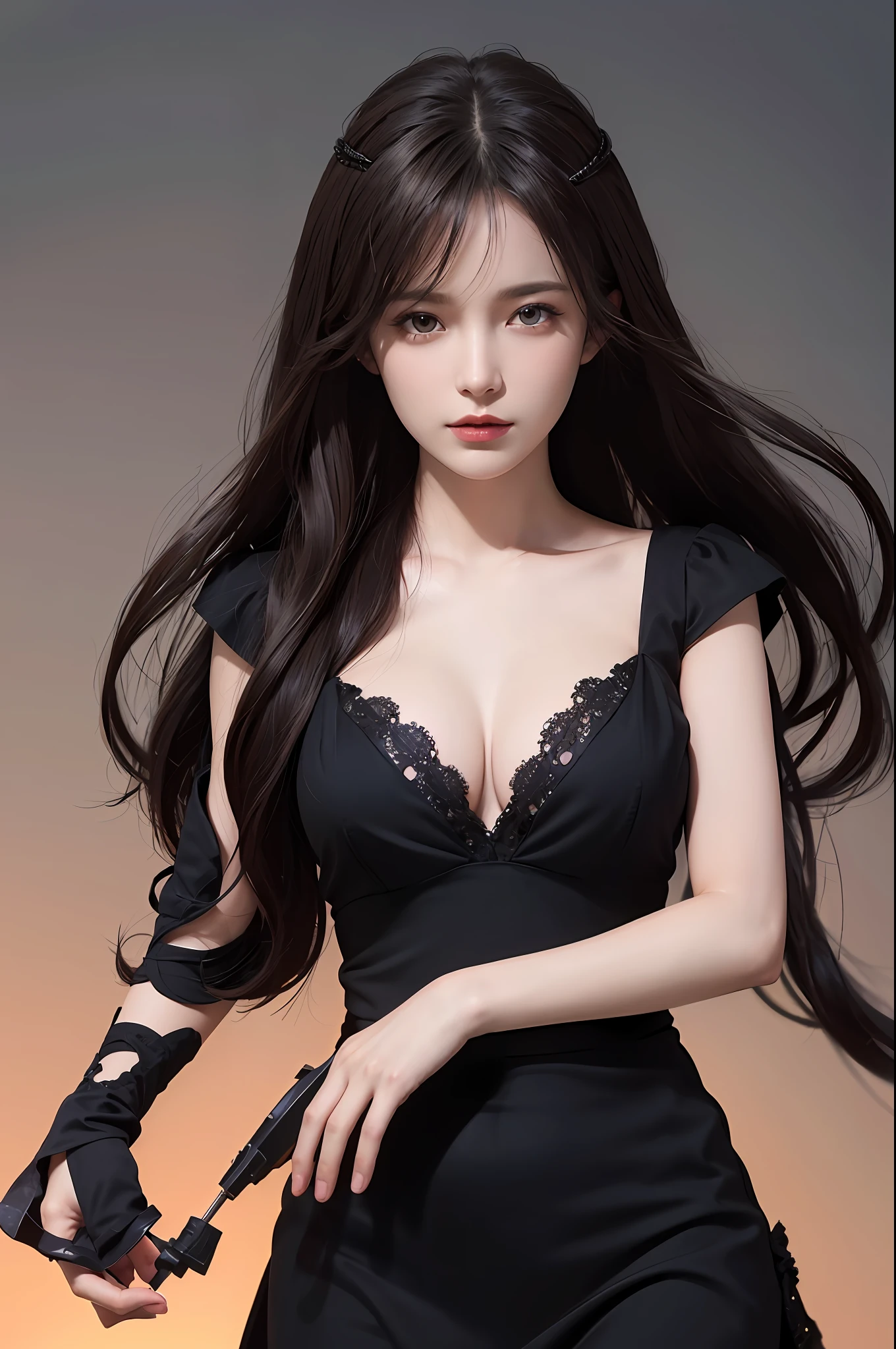 (Extremely detailed CG Unity 8k wallpaper, masterpiece, best quality, super detailed), (best lighting, best shadow, extremely delicate beauty), floating, [(1 girl), dynamic angle, (long black hair: 1.1) obsidian-like, gorgeous, (danphoenix eyes), (silky skin), (perfect curves), (charming collarbone), (flowing dress), slender figure, (seductive eyes): 0.8], [twilight, lakeside, a rainbow-colored butterfly, (Nature: 1.2), (Breeze: 1.1), Light through trees, (Soft touch of wind), (Depth of field): 0.7]