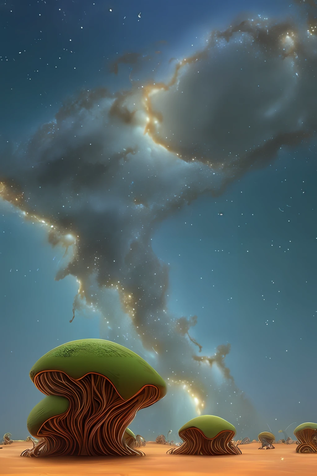 an anthill with the dimensions length = (√5 + 1)/2), width = (√5 + 1)/2), height = 1, with a theme of turbulence set to a starry night palette in a thunderstorm with cloud to ground lightning