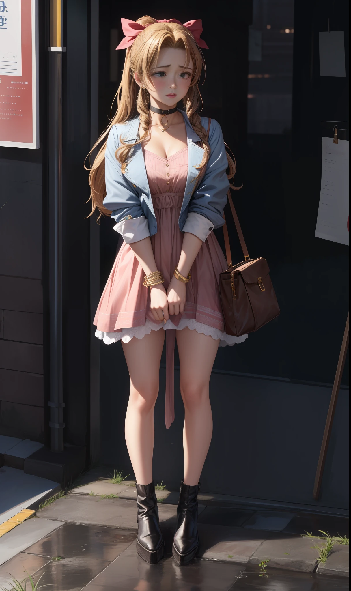 CG, perfect atwork, perfect female figure, Aerith Gainsboroug, holding small flower basket, peeing herself, peeing down her legs, green eyes, surrounded by other people, standing in very busy midgar city street, sunny, choker, cropped jacket, hair bow, bracelet, pink dress, brown ankle boots, looking down nervously, shy, embarrassed aroused and shocked, outdoors, standing legs crossed, a small puddle of her own urine is forming around her feet on the dry ground, very desperate to pee, peeing, wetting herself, urination, streaming tears, scared, despair, panicking, high detail, Realism, Hyperrealism, masterpiece, highres, UHD, anatomically correct, high quality, super detail, high details, best quality, highres, award winning, 8k, textured skin