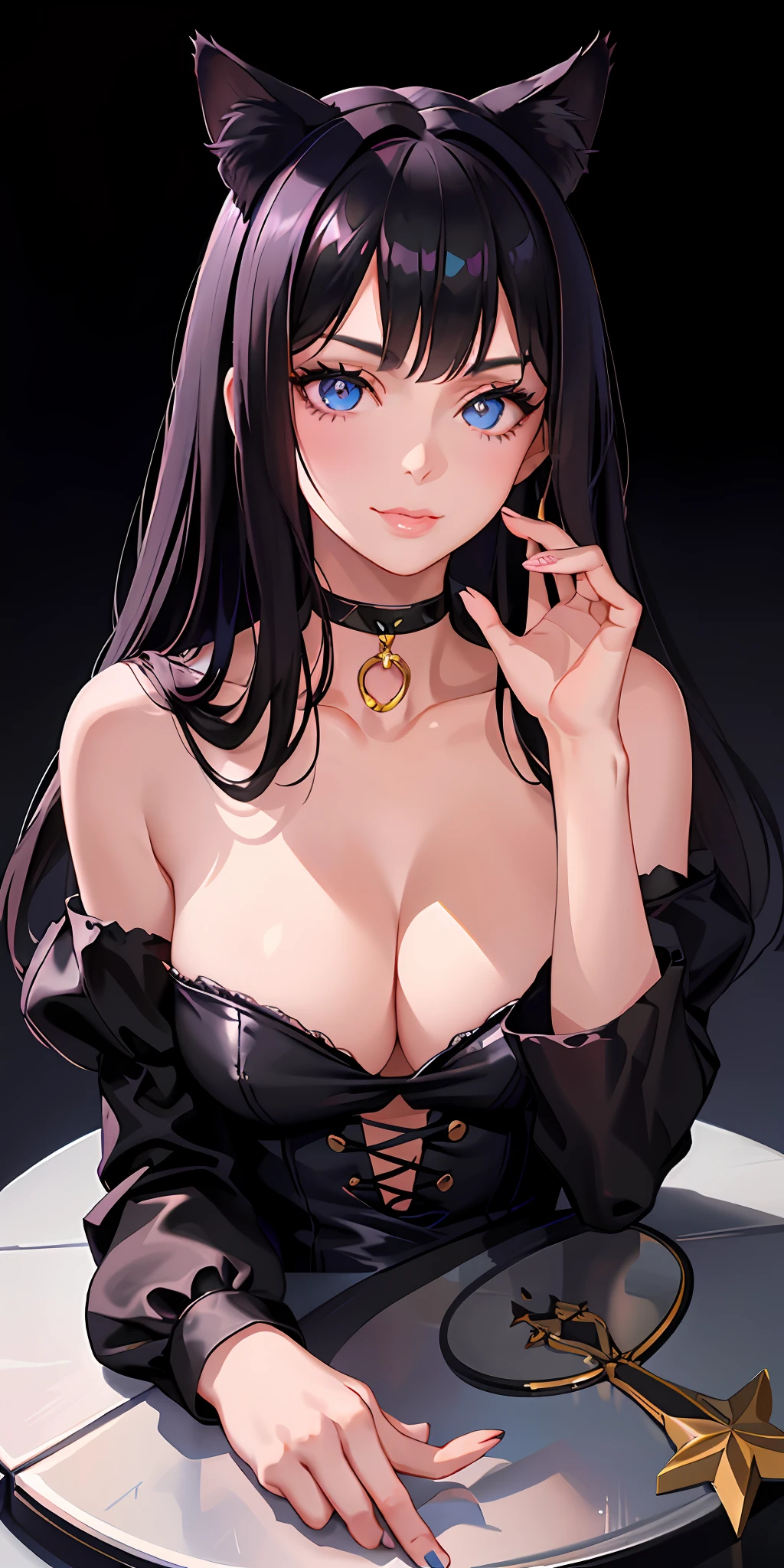1girl, animal ears, bangs, black choker, black hair, blue eyes, blurry, cat ears, choker, closed mouth, collarbone, eyelashes, lips, long hair, looking at viewer, portrait, solo,(shiny skin),realistic,fashi-girl,milf,extremely delicate and beautiful,goddess,smile,pink lips