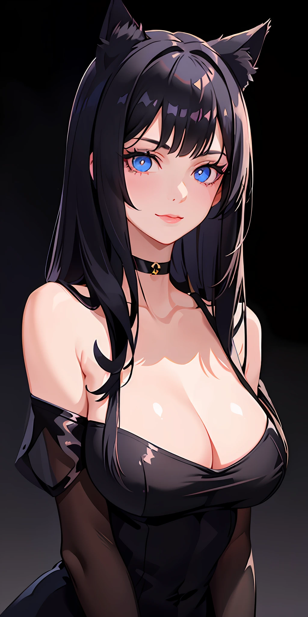 1girl, animal ears, bangs, black choker, black hair, blue eyes, blurry, cat ears, choker, closed mouth, collarbone, eyelashes, lips, long hair, looking at viewer, portrait, solo,(shiny skin),realistic,fashi-girl,milf,extremely delicate and beautiful,goddess,smile,pink lips
