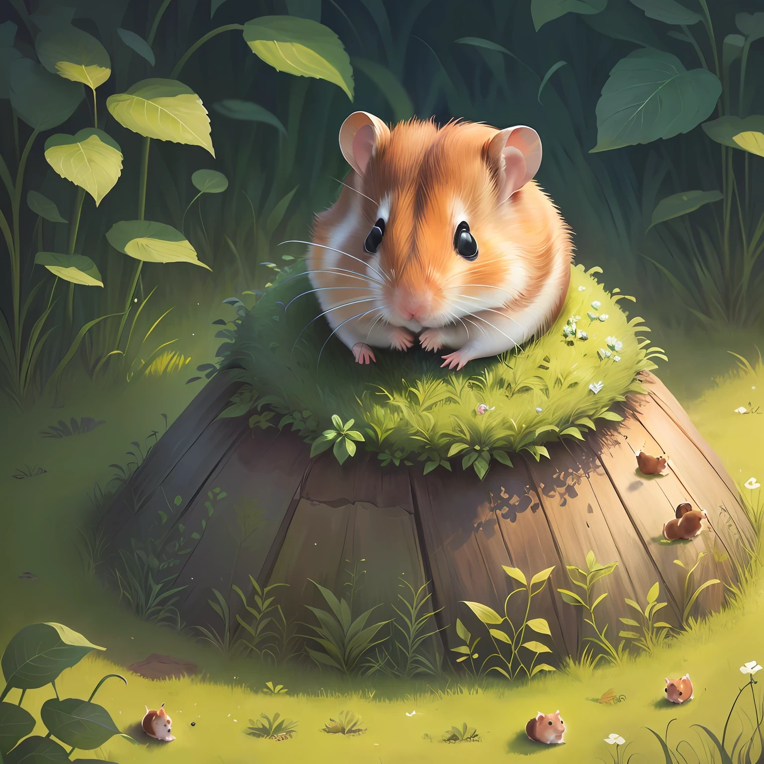 A hamster sitting on a grass anthill
