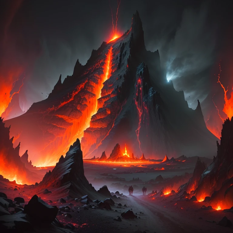 Volcanic cave, wide space and darkness, sorcerers in a satanic ritual with a pentagram to the ground. Horror art, digital painting, colorful drawing, UHD, complex, perfect and hyper-detailed.