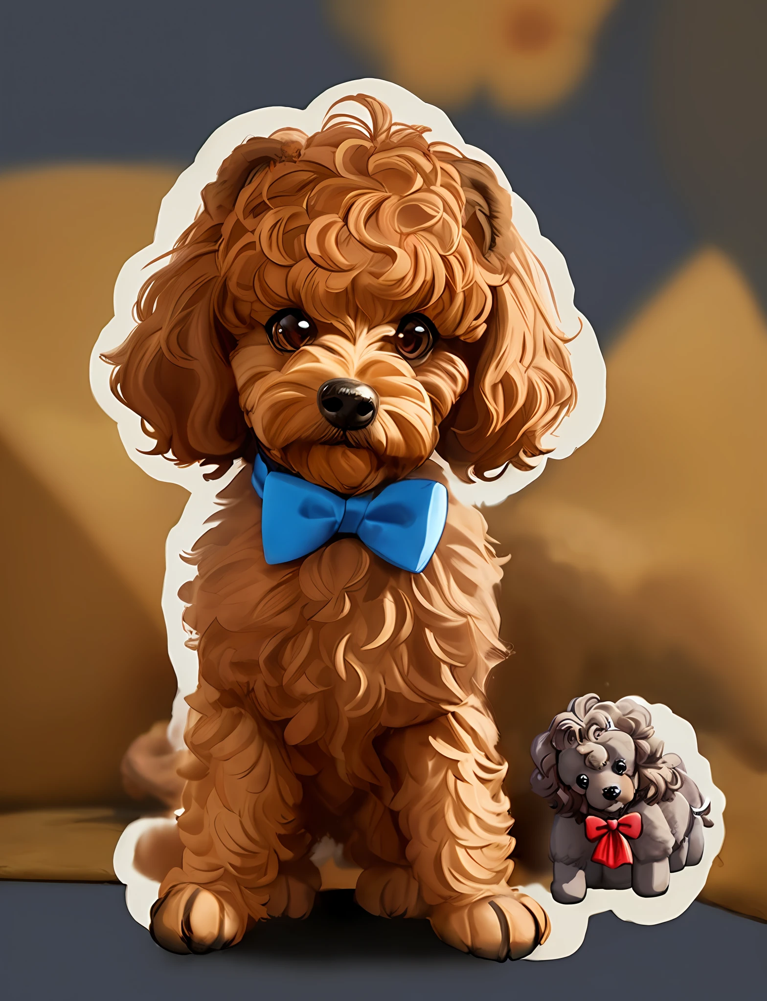 A small poodle with lots of poses and expressions, digital drawing cartoon stickers, 1  boy, brown all over, blue bow dog with little hair, clay, oc render, 3d,