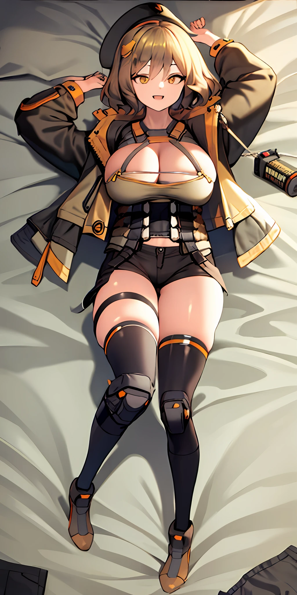 best quality, ultra-detailed,,1girl, solo, nikkeanis, aniswear, cross-eyed, short_hair, open_mouth, large_breasts, brown_hair, hair_ornament, thighhighs, hat, cleavage, brown_eyes, jacket, full_body, yellow_eyes, knee pads, boots, shorts, black_thighhighs, beret, short shorts, war, indoors, room, (on back, lying :1.1), (dakimakura \(medium\):1.2), spread legs,