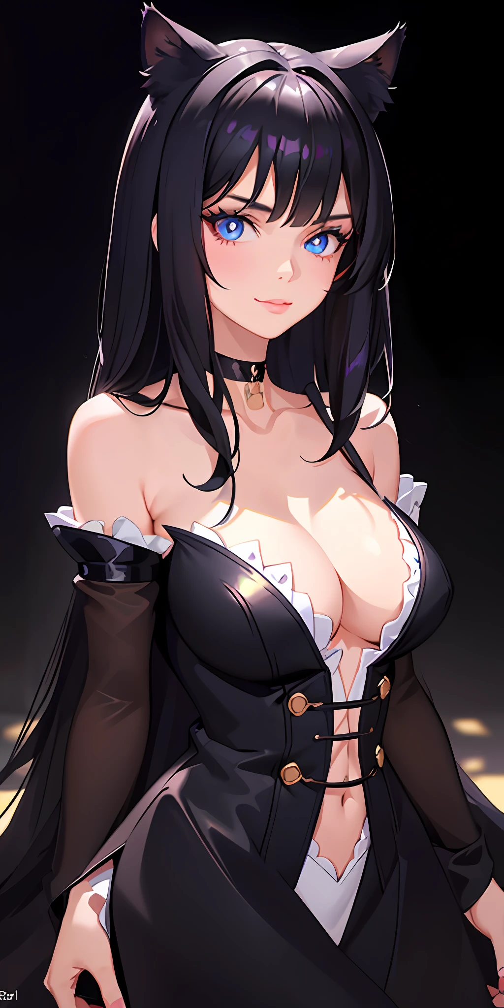 1girl, animal ears, bangs, black choker, black hair, blue eyes, blurry, cat ears, choker, closed mouth, collarbone, eyelashes, lips, long hair, looking at viewer, portrait, solo,(shiny skin),realistic,fashi-girl,milf,extremely delicate and beautiful,goddess,smile,pink lips