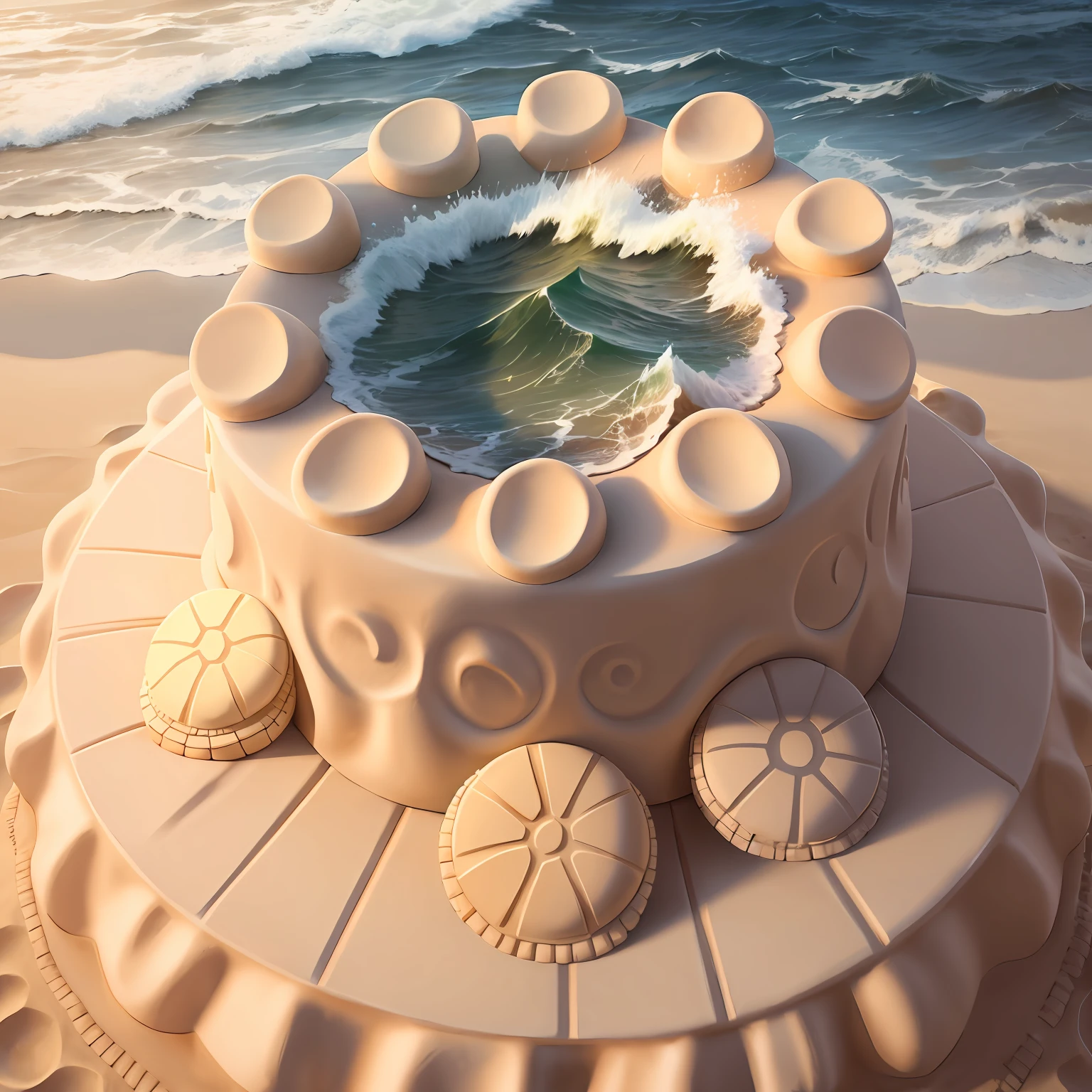 realistic round sandcastle in waves upscale