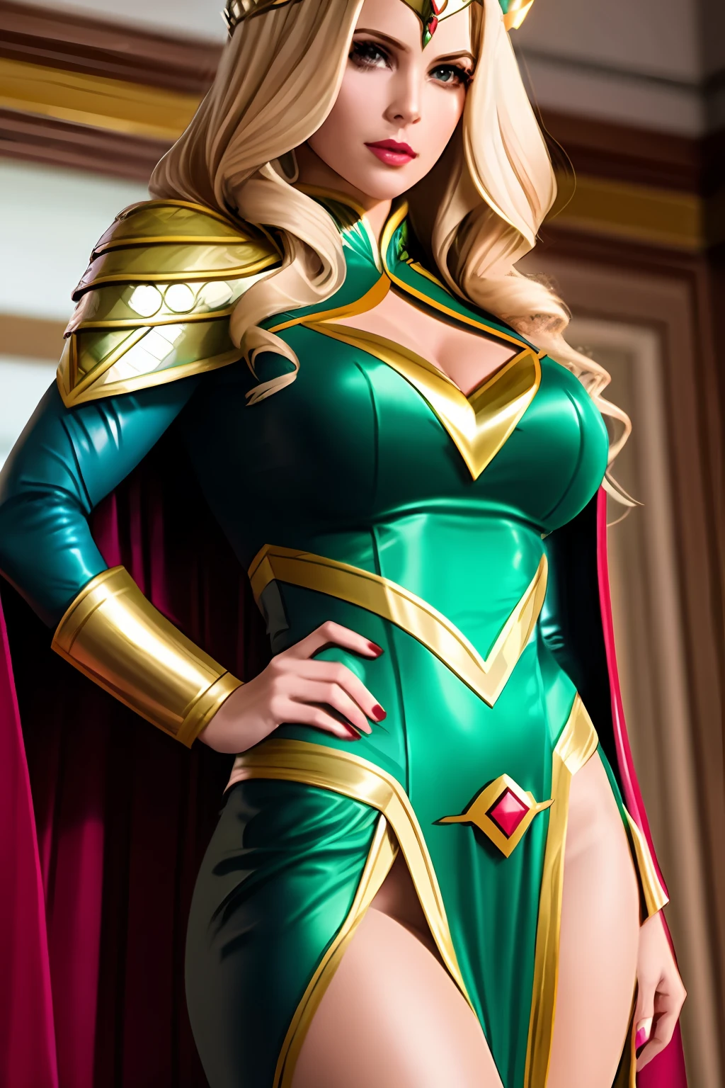 a close up of a woman in a superhero costume with a cape, dinah drake, ivy, as an atlantean, cory chase as an atlantean, wearing a crown and green cape, qiyana, atlantean, amazon queen, as a retrofuturistic heroine, portrait of modern darna, empress, frank cho, as illustrated in top cow comics