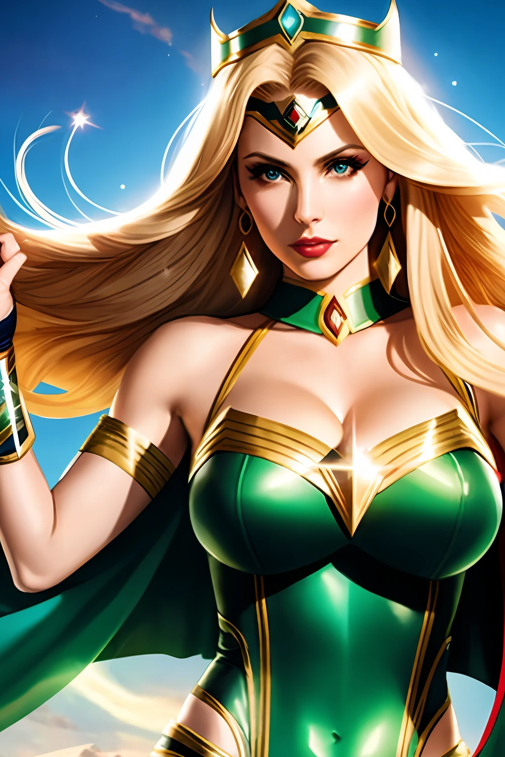 a close up of a woman in a superhero costume with a cape, dinah drake, ivy, as an atlantean, cory chase as an atlantean, wearing a crown and green cape, qiyana, atlantean, amazon queen, as a retrofuturistic heroine, portrait of modern darna, empress, frank cho, as illustrated in top cow comics