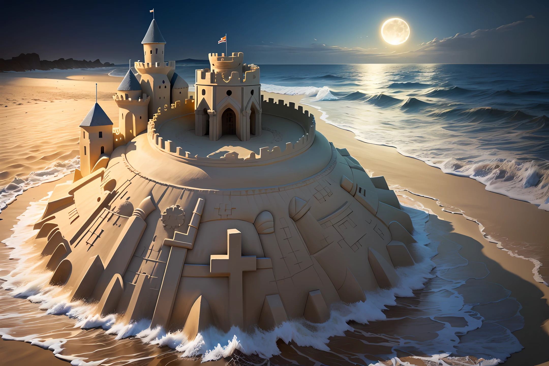 round realistic sandcastle in waves full moon