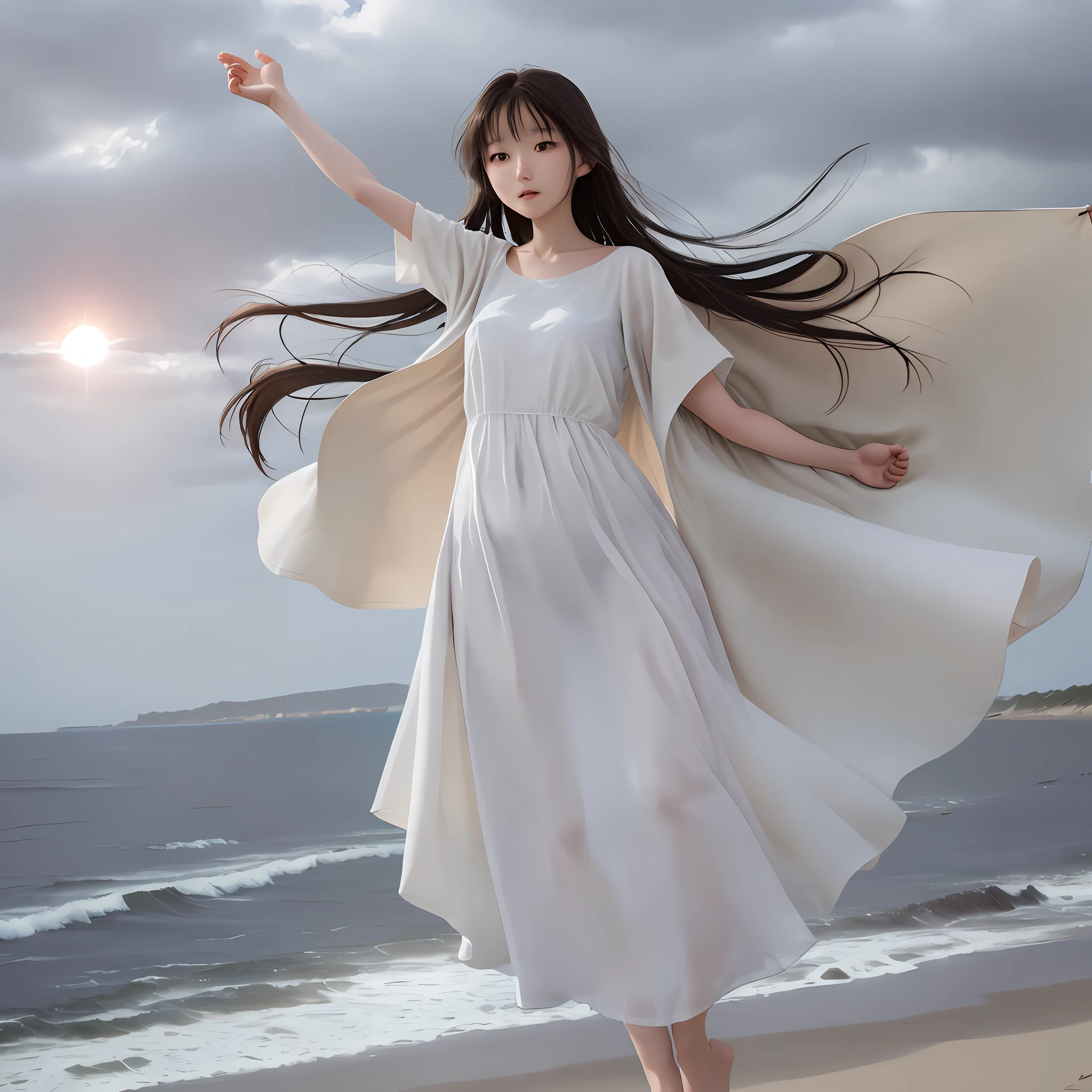 A tall girl on the beach, raised her hands to cover the sun, her movements were charming, wearing thin clothes looming, the wind slightly blew her clothes, you can see the picture of the whole body, the clothes are a little transparent, the action is charming, the clothes are less, and the sexy is a little
