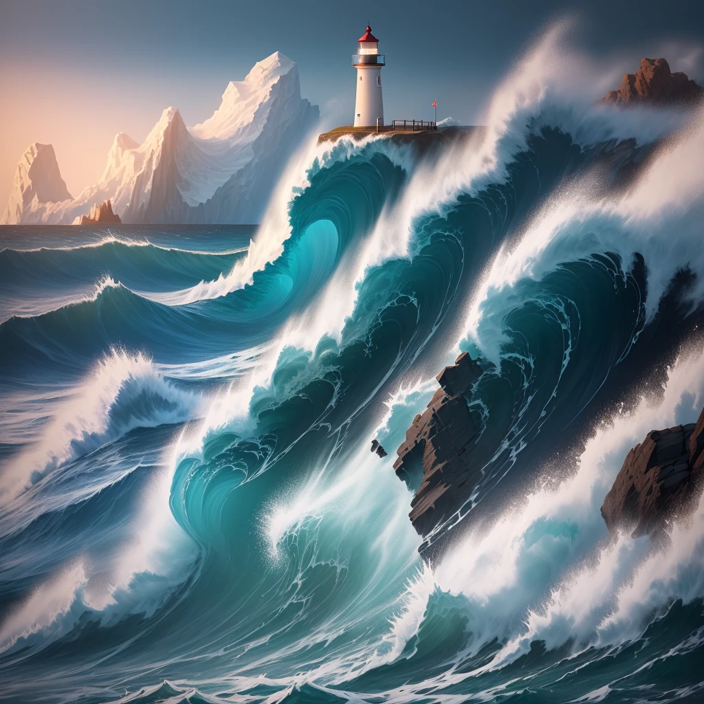 Lighthouse in rocks with huge wave hitting from behind with trident emerging through waves behind waves