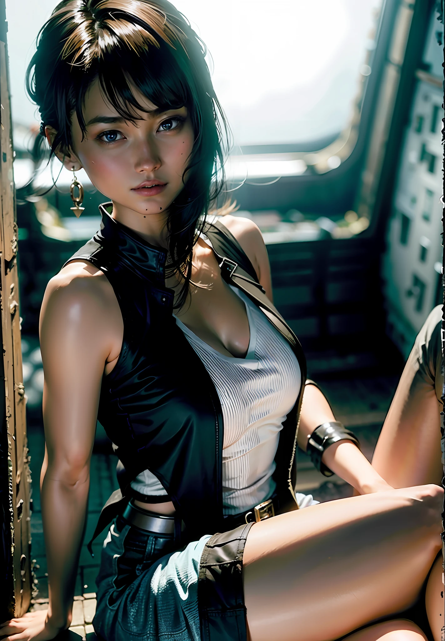 Top Quality, Hi-Res, And18, 3 Girls, Android 18, Solo, Black Hair, Blue Eyes, Mini Skirt, Black Gloves, White Shirt, Short Hair, Short Sleeves, Earrings, Open Vest, Black Vest, Big, (Ruins: 1.3), (Torn Clothes: 1.5), Seated, Expressionless, Cleavage, Open Legs