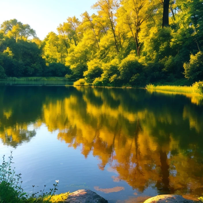 (bathing in a rural pond), tranquil scene, dreamy atmosphere, calm and peaceful setting, vibrant colors, warm sunlight, refreshing feeling, immersive view, nature's beauty, water reflections, gentle waves, beautiful scenery.