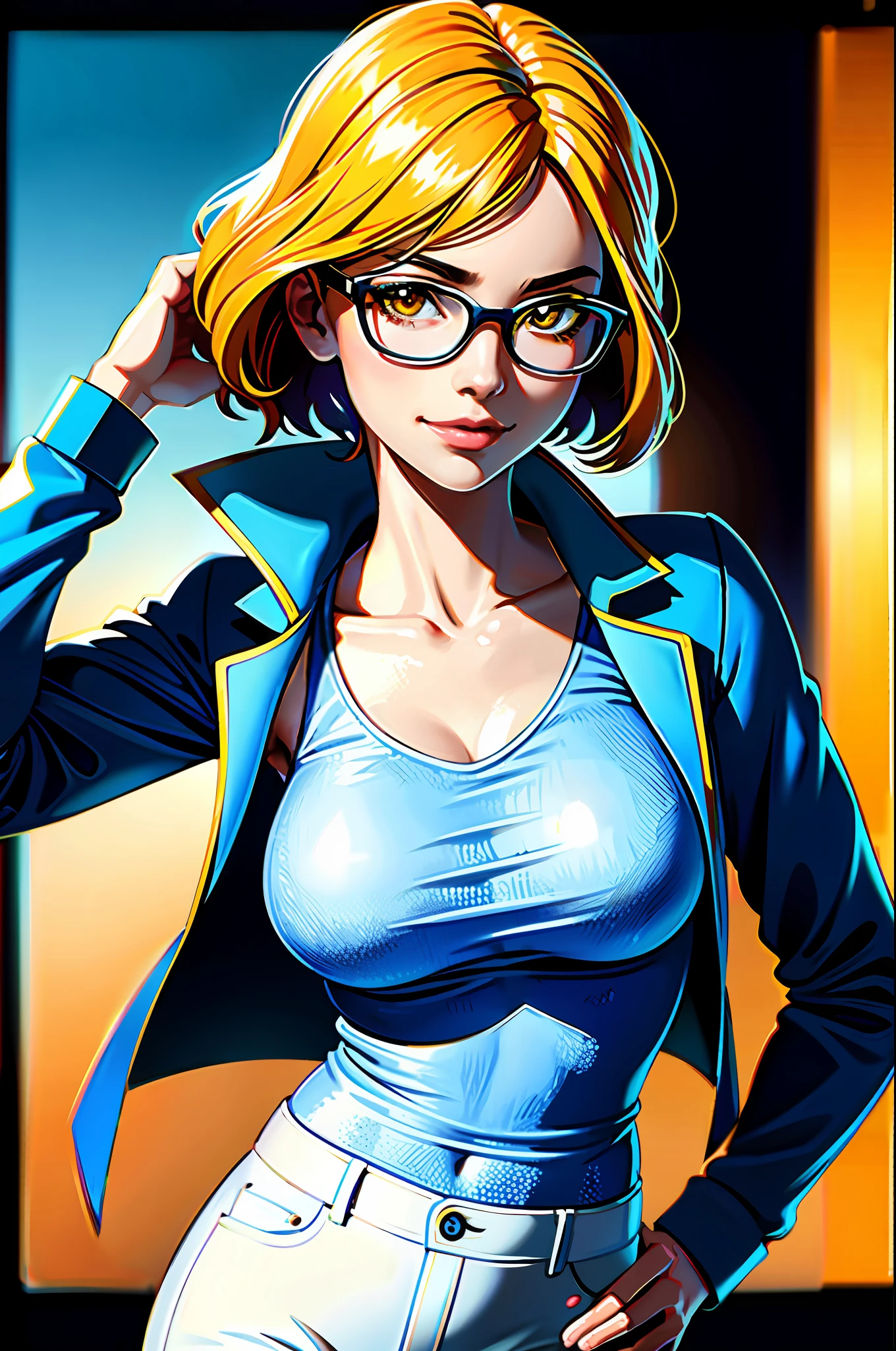 1slim girl, (blue jacket), (white pants), (blue sneakers), (wearing round glasses), looking at the viewer, ((fake smile)), ((surprise)), ((beautiful extremely detailed face)), adult face, 8k, (((masterpiece)), ((extremely high resolution))), UHD, (overly realistic), (1.7 difficulty), bright scarlet hair, styled hair, short hair, detailed hair, ((extremely detailed body)), (yellow eye color), (very long bangs on the right), surface reflections,