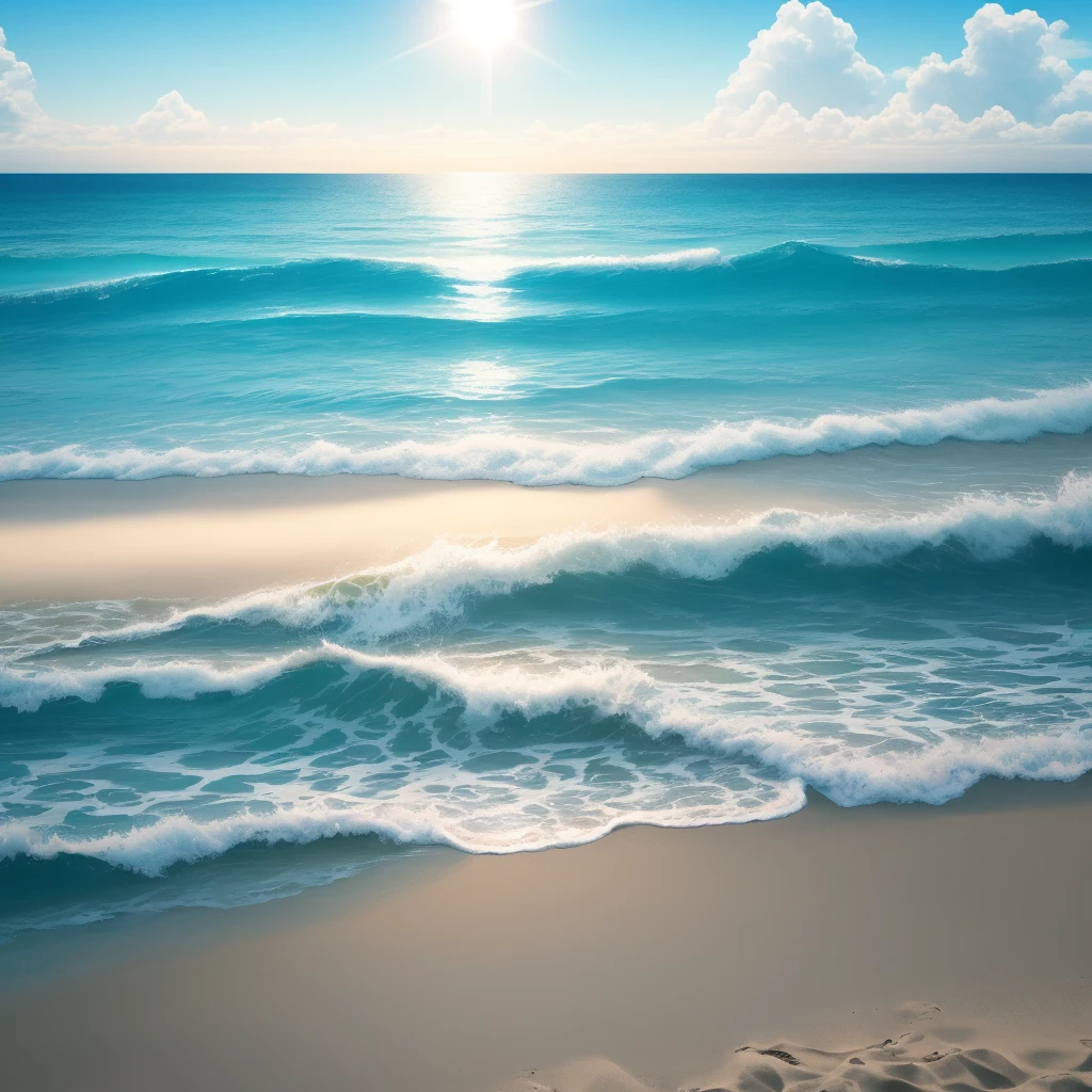 the beach on a hot summer day with the sun blazing and the sea a light blue with fish visible in the water
