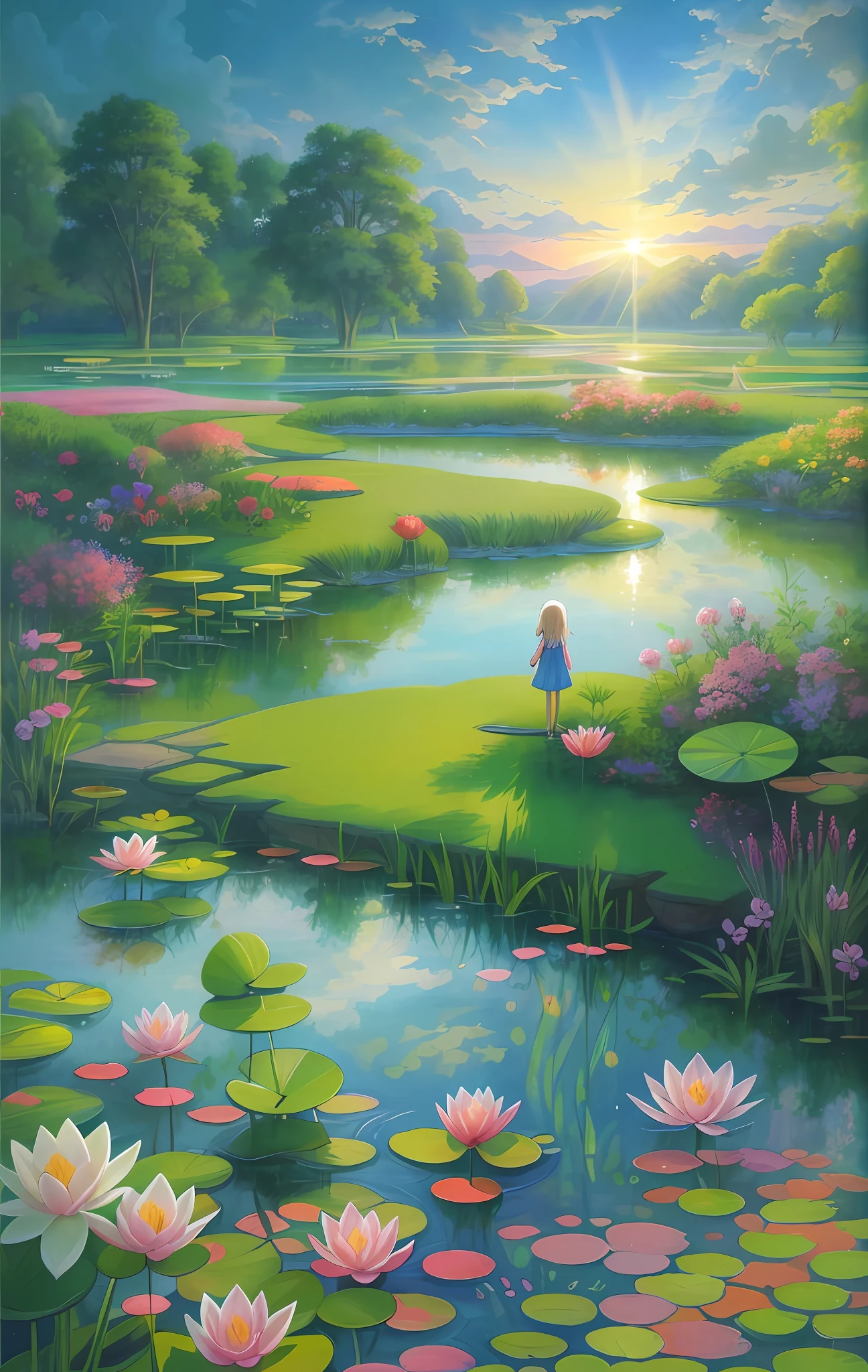 painting of a little girl standing in a pond with water lillies, a beautiful artwork illustration, anime nature, anime nature wallpap, anime beautiful peace scene, serene illustration, by Yang J, calm afternoon, beautiful anime scene, by Li Song, by Jin Nong, painted in anime painter studio, anime countryside landscape, by Ni Duan, adorable digital painting