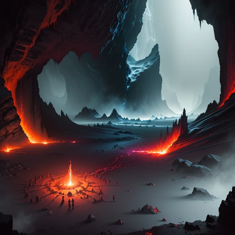 Volcanic cave, wide space and darkness, sorcerers in a satanic ritual with a pentagram to the ground. Horror art, cracked details, cinematic, best quality, digital painting, colorful drawing, UHD, complex, perfect and hyper-detailed.